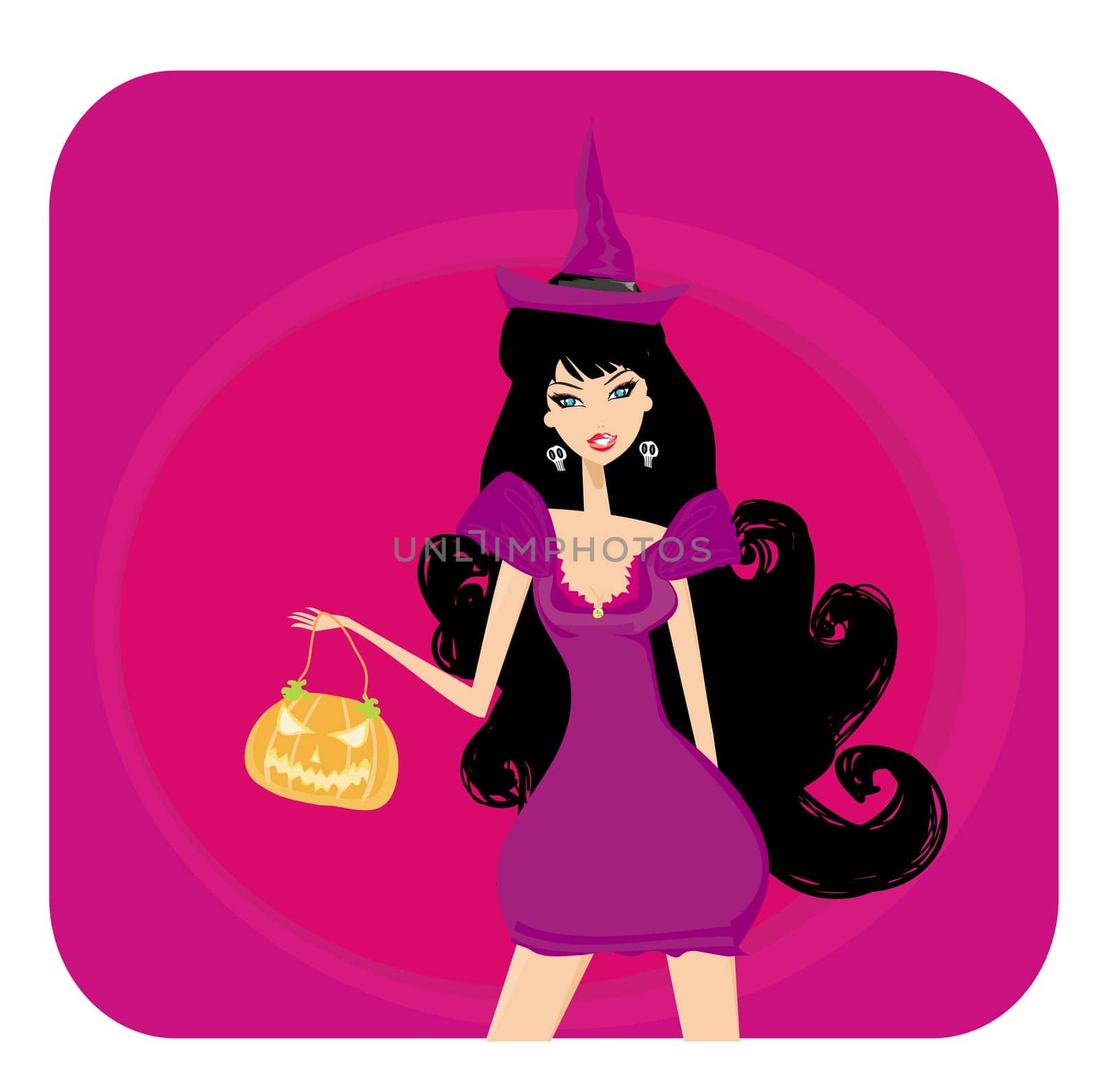 Halloween witch standing with pumpkin