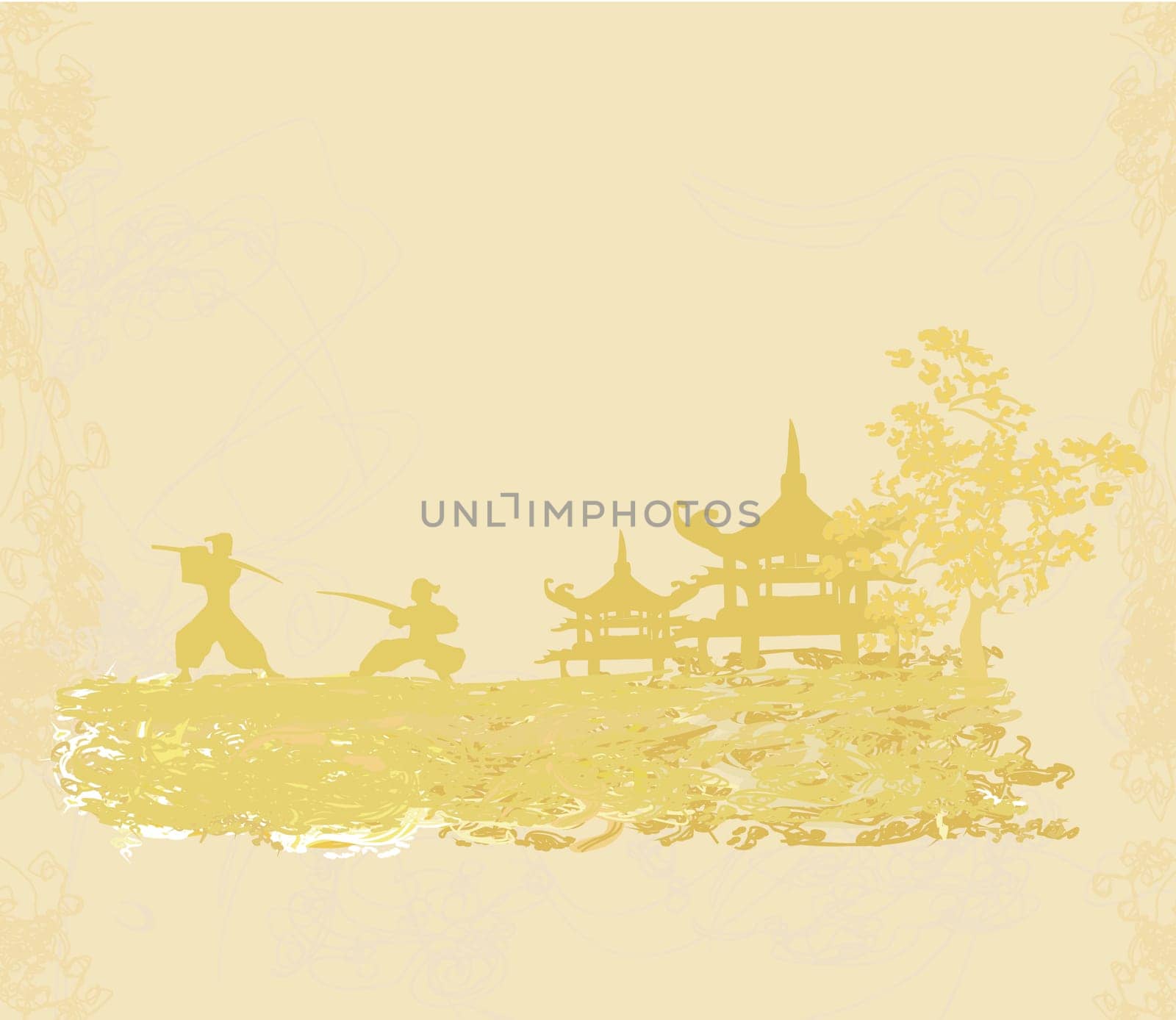 Samurai silhouette in Asian Landscape