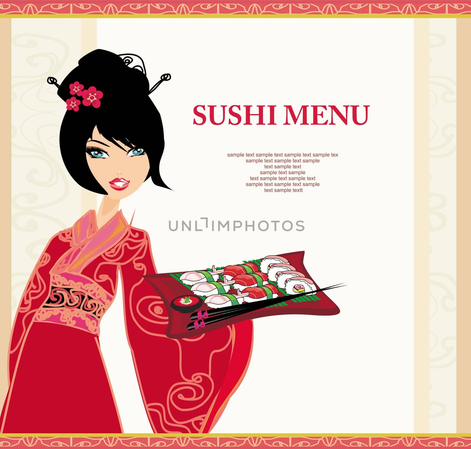 beautiful Asian girl enjoy sushi - menu template
