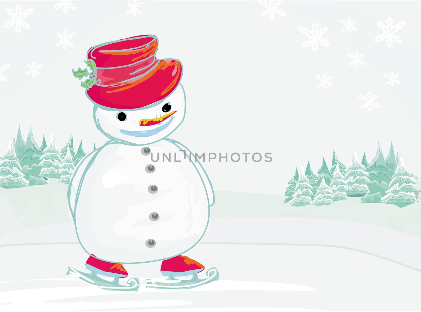 Vector illustration - snowman on a skating rink