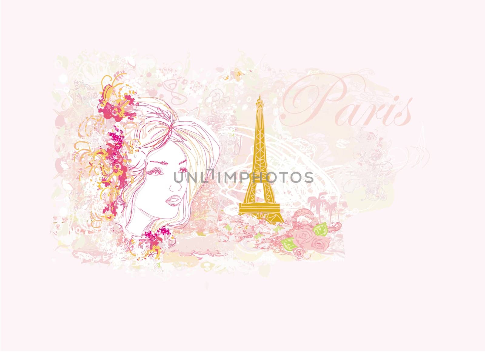 beautiful girl portrait with tour eiffel tower on the abstract background