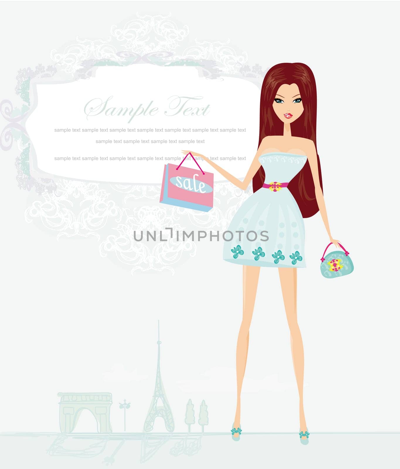 beautiful women Shopping in Paris - vector card