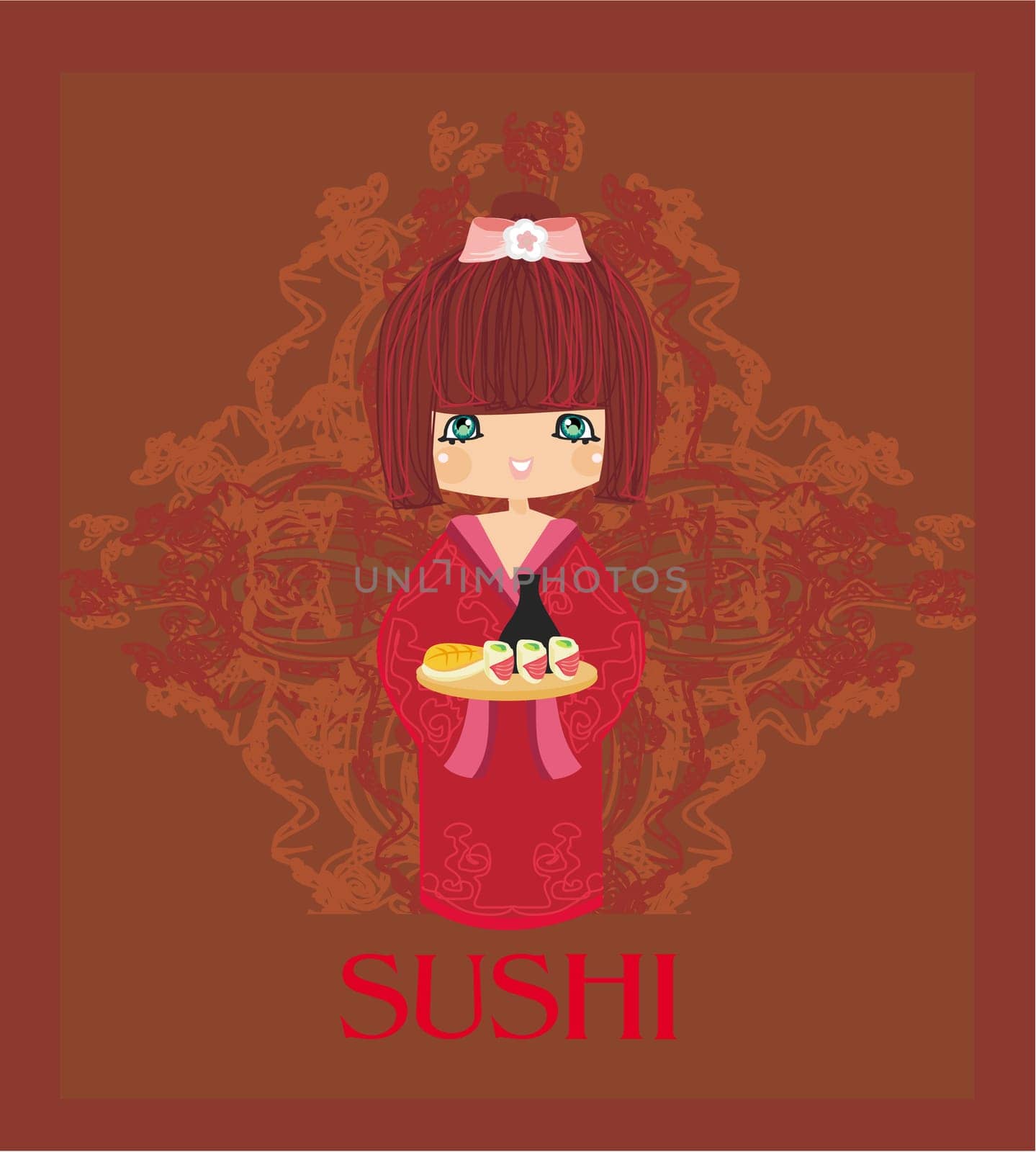 beautiful Asian girl enjoy sushi - menu template
