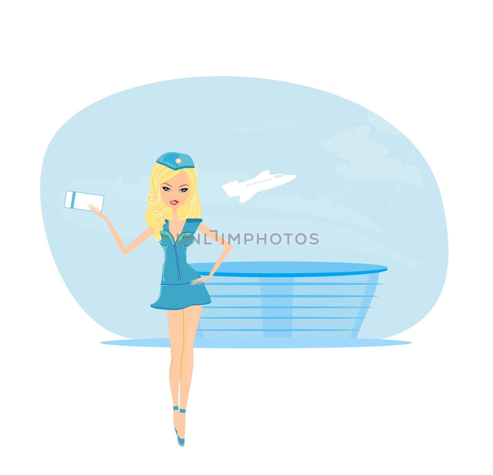Beautiful stewardess with ticket on airport
