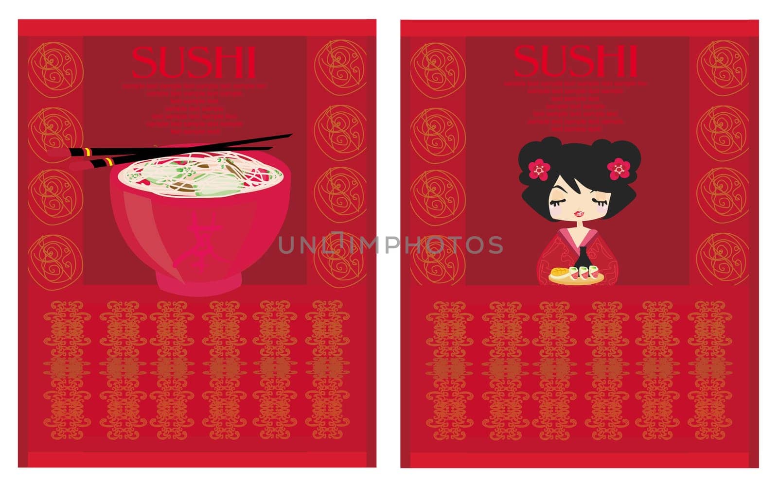 beautiful Asian girl enjoy sushi - set menu template