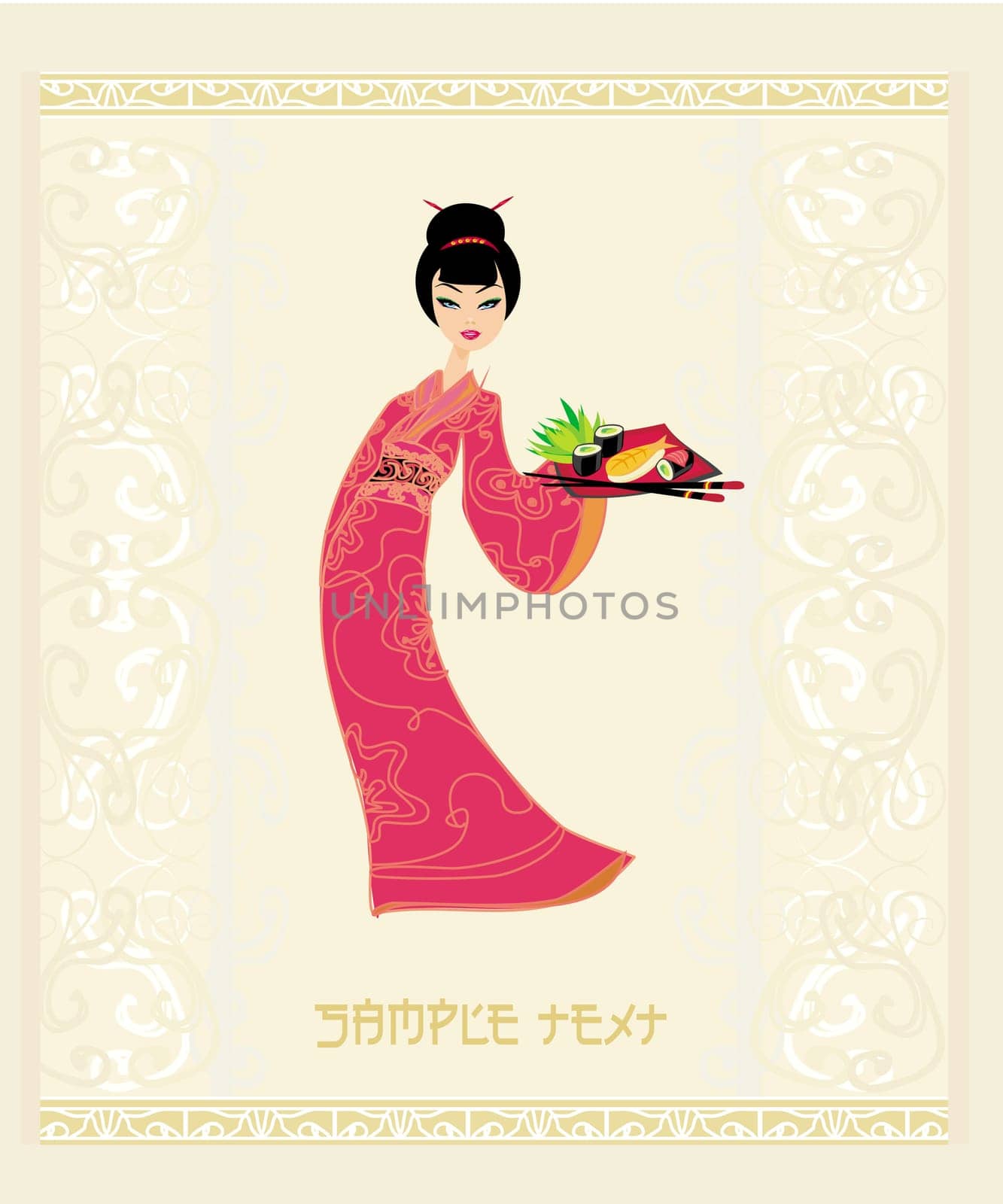 beautiful Asian girl enjoy sushi - menu template