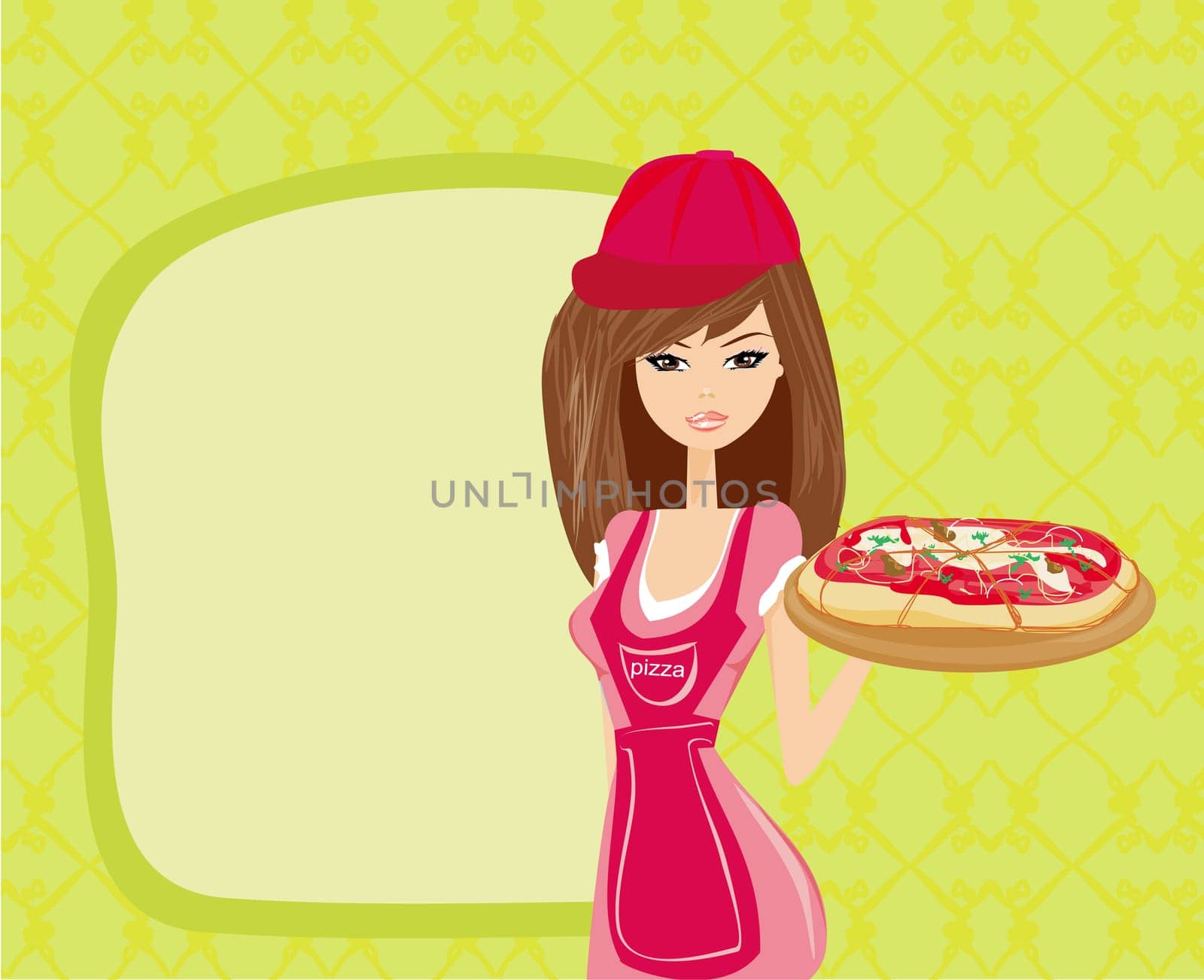 beautiful woman waitress enjoys pizza