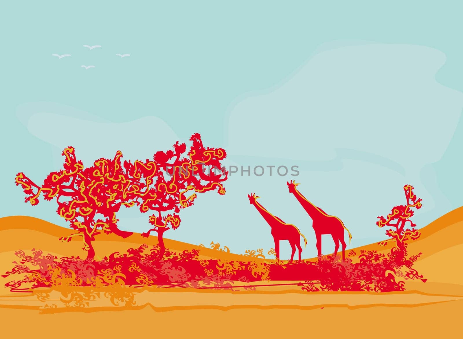 grunge background with giraffe silhouette on African fauna and flora