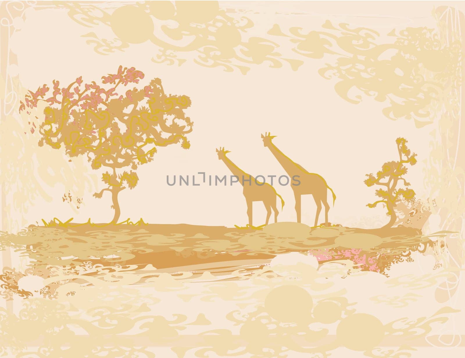 grunge background with giraffe silhouette on African fauna and flora