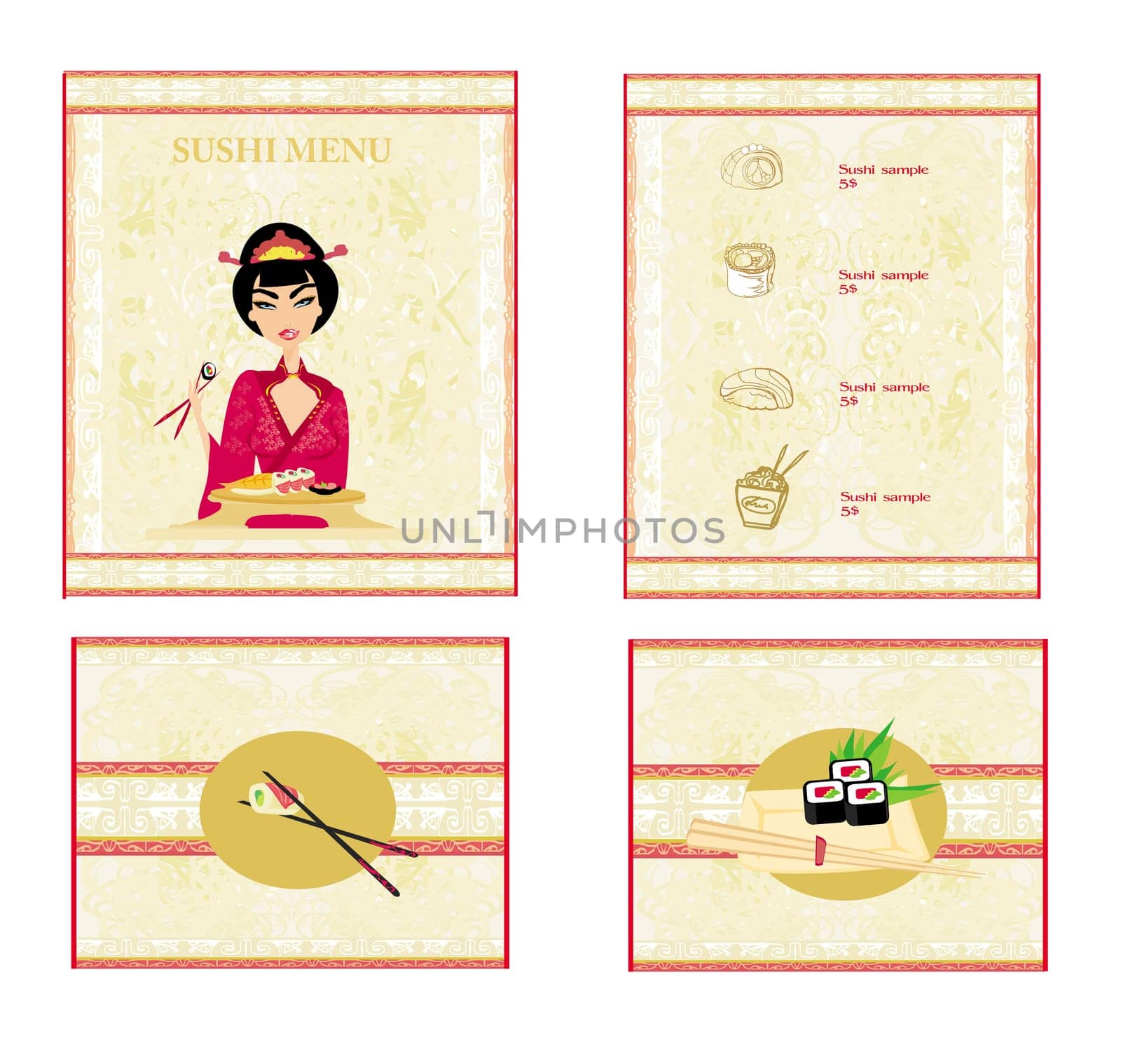 beautiful Asian girl enjoy sushi - set menu template