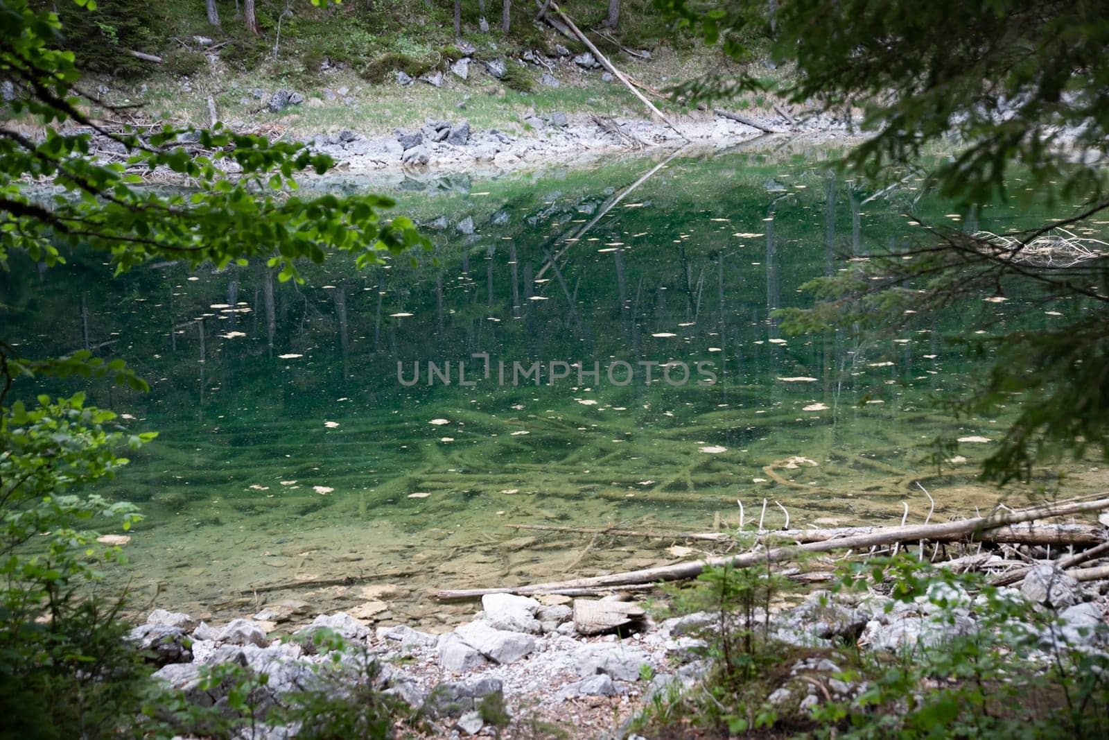 Faboulus landscape of Eibsee Lake with turquoise water in front of Zugspitze summit, Garmisch-Partenkirchen, Bavarian alps, Germany, Europe