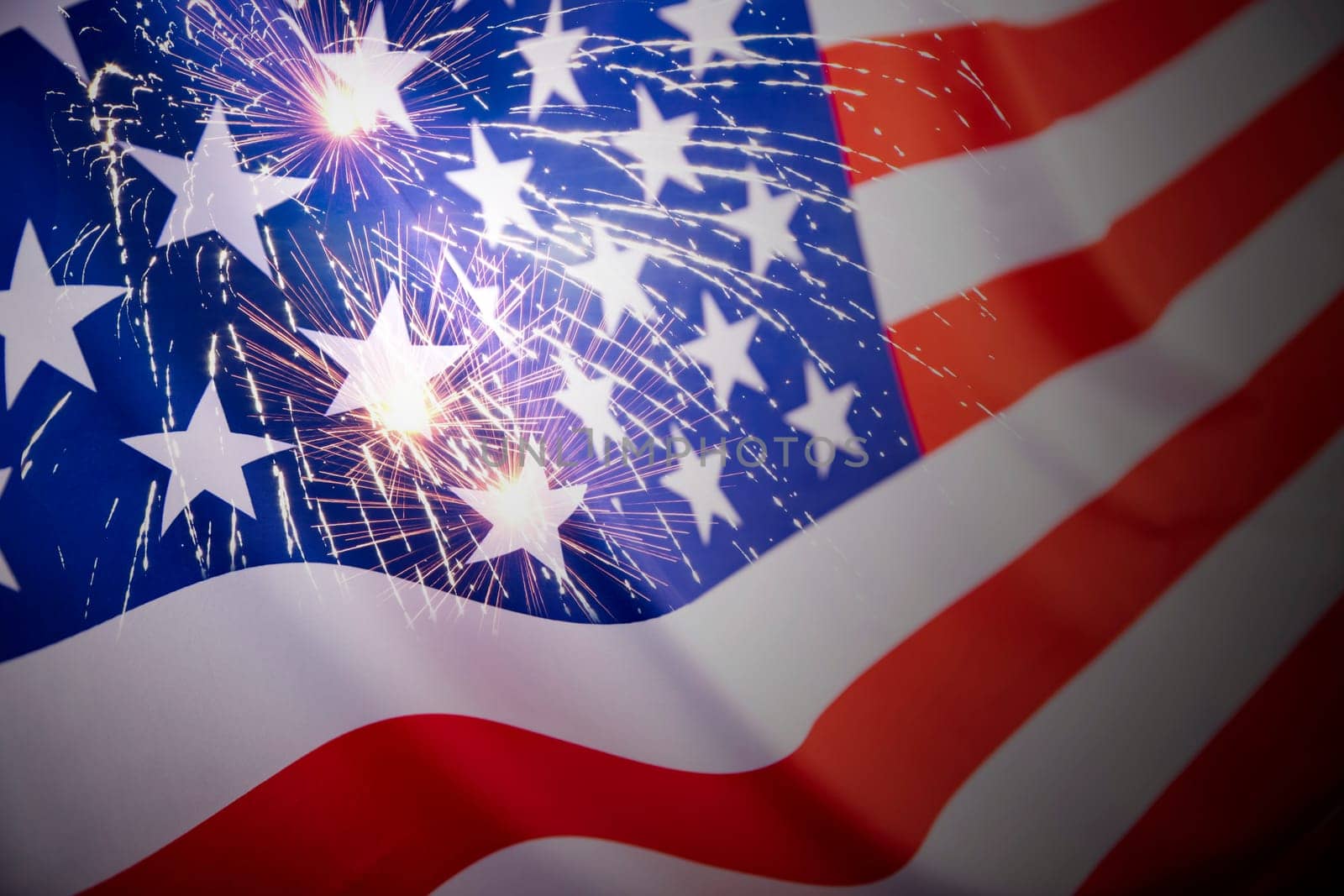 Celebrating Independence Day. United States of America USA flag with fireworks background for 4th of July
