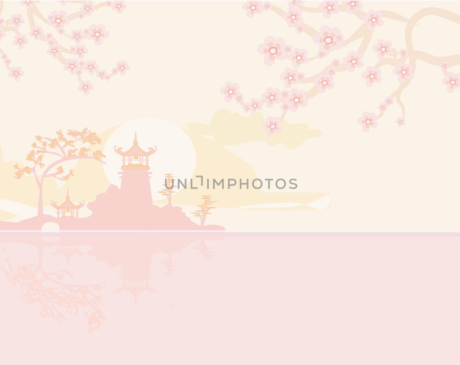 old paper with Japanese Temple on Asian Landscape