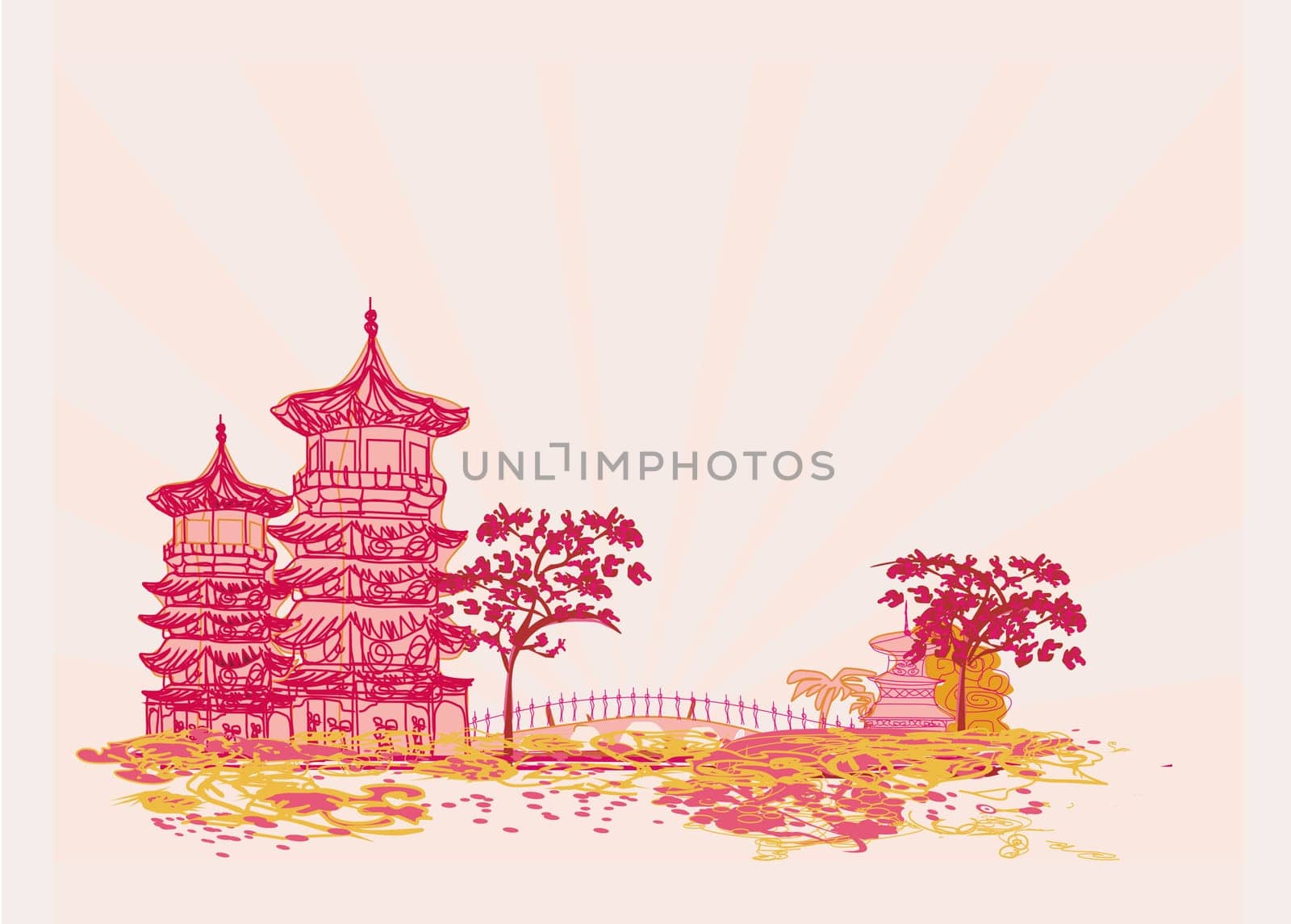 old paper with Japanese Temple on Asian Landscape