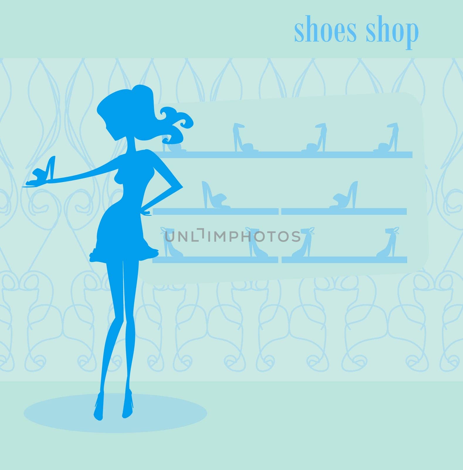 Fashion girl silhouette shopping in shoe shop