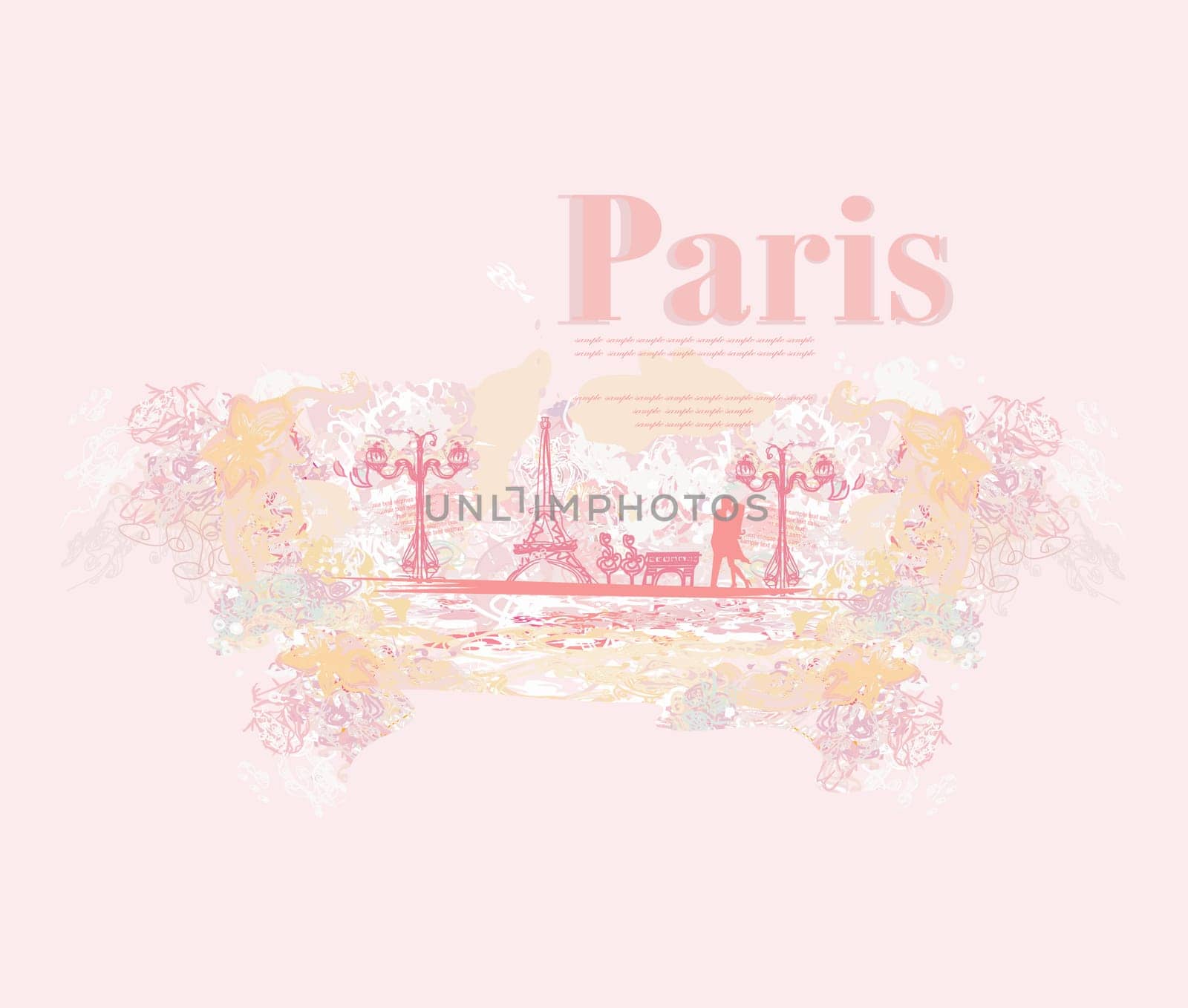 Romantic couple silhouette in Paris kissing near the Eiffel Tower Retro card