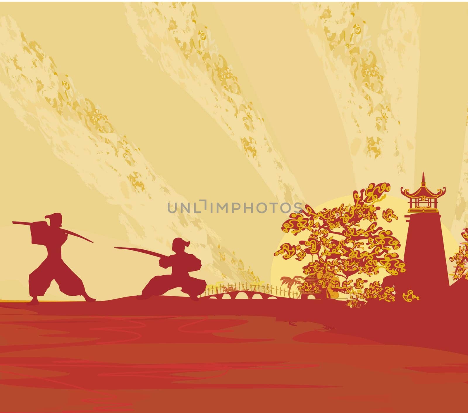 Samurai silhouette in Asian Landscape