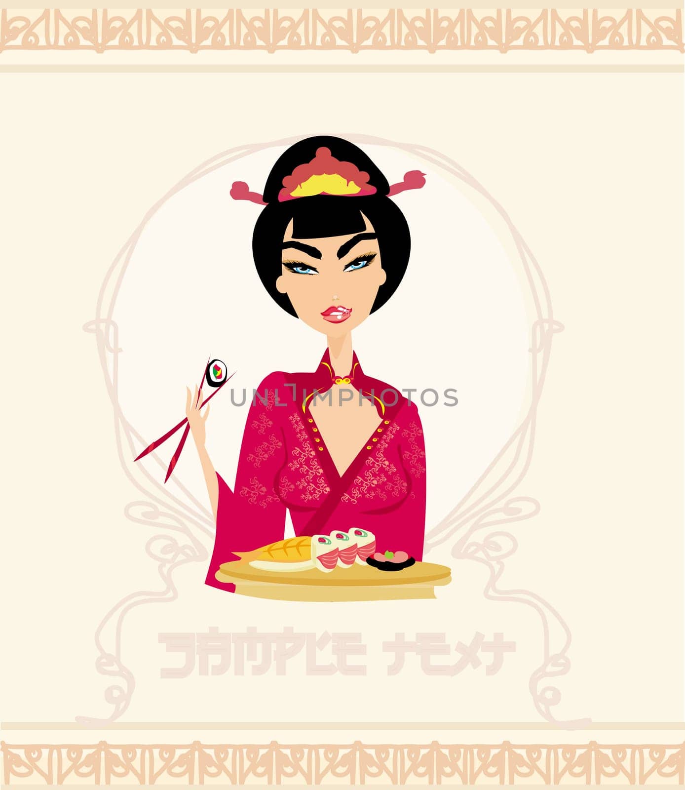 beautiful Asian little girl enjoy sushi - menu template