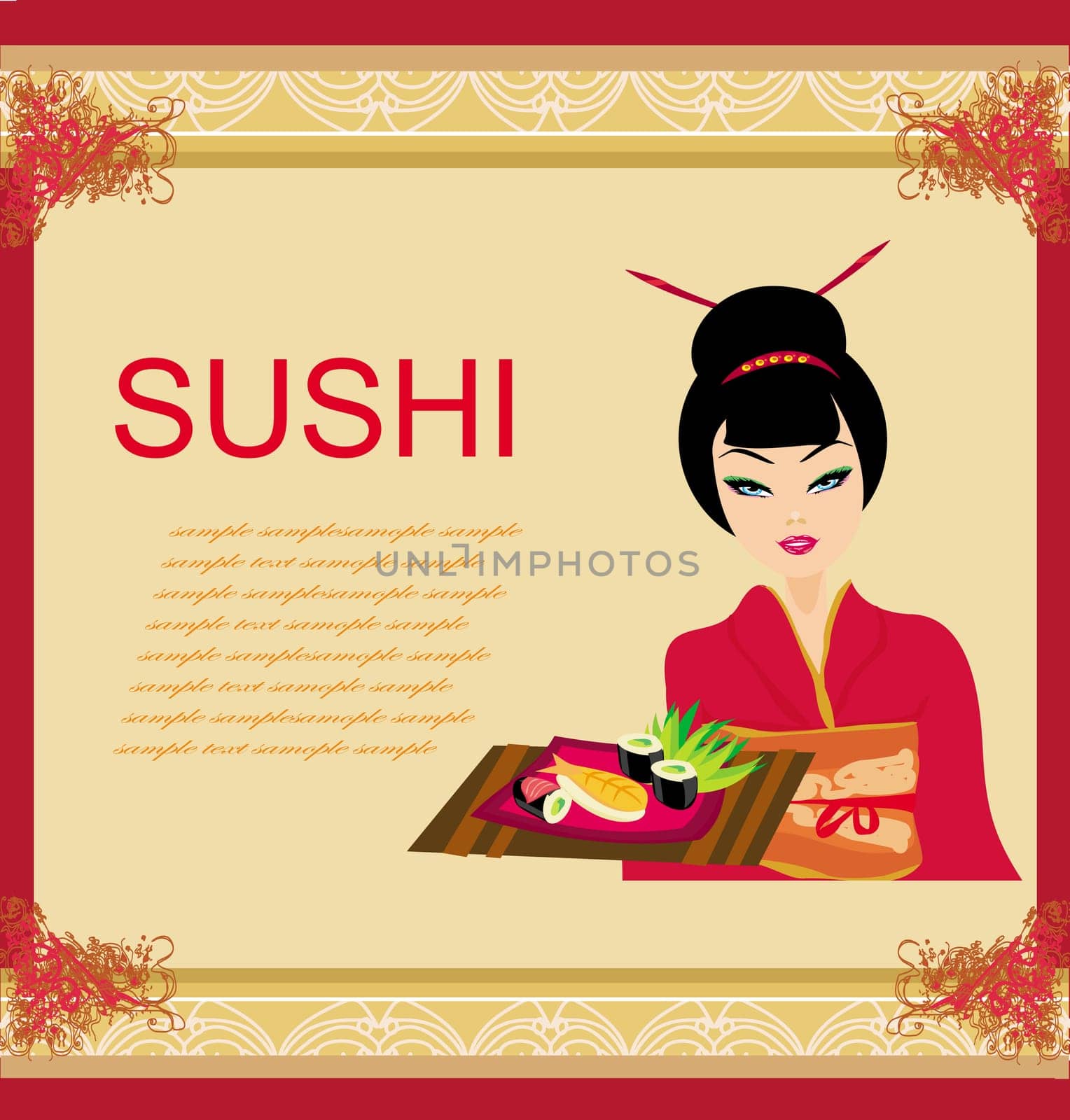 beautiful Asian girl enjoy sushi - menu template