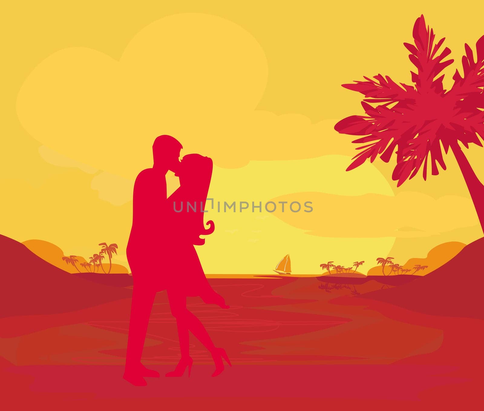 romantic silhouette couple kissing at sunset on tropical beach