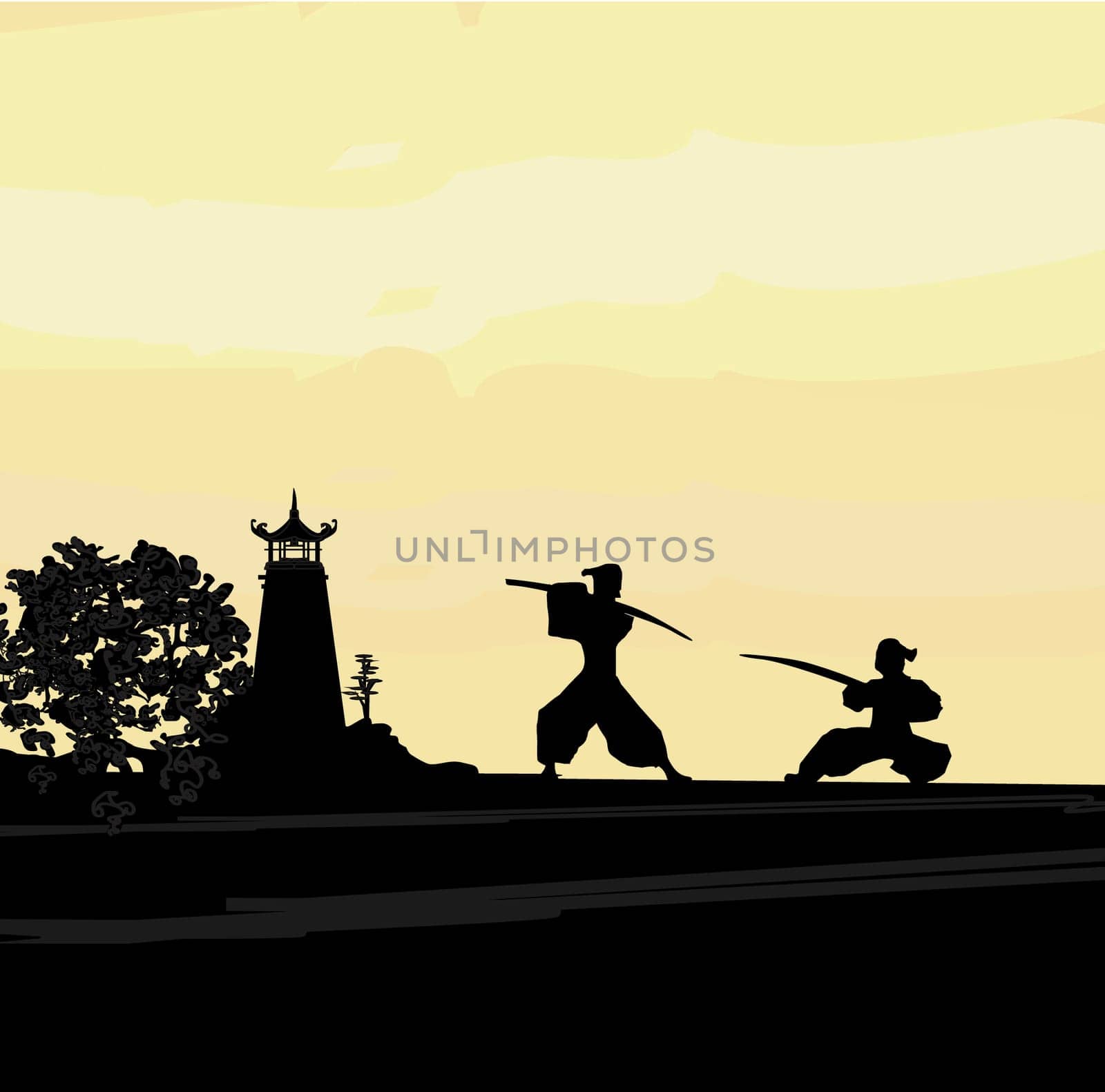 Samurai silhouette in Asian Landscape