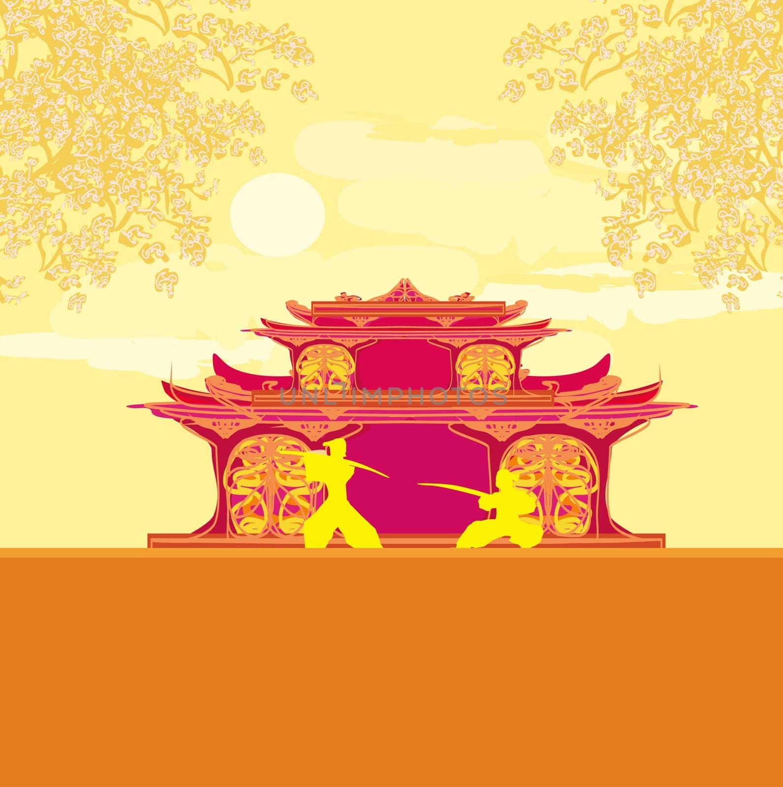 Samurai silhouette in Asian Landscape