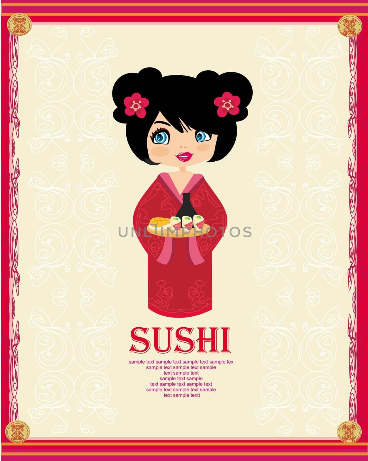 beautiful Asian little girl enjoy sushi - menu template