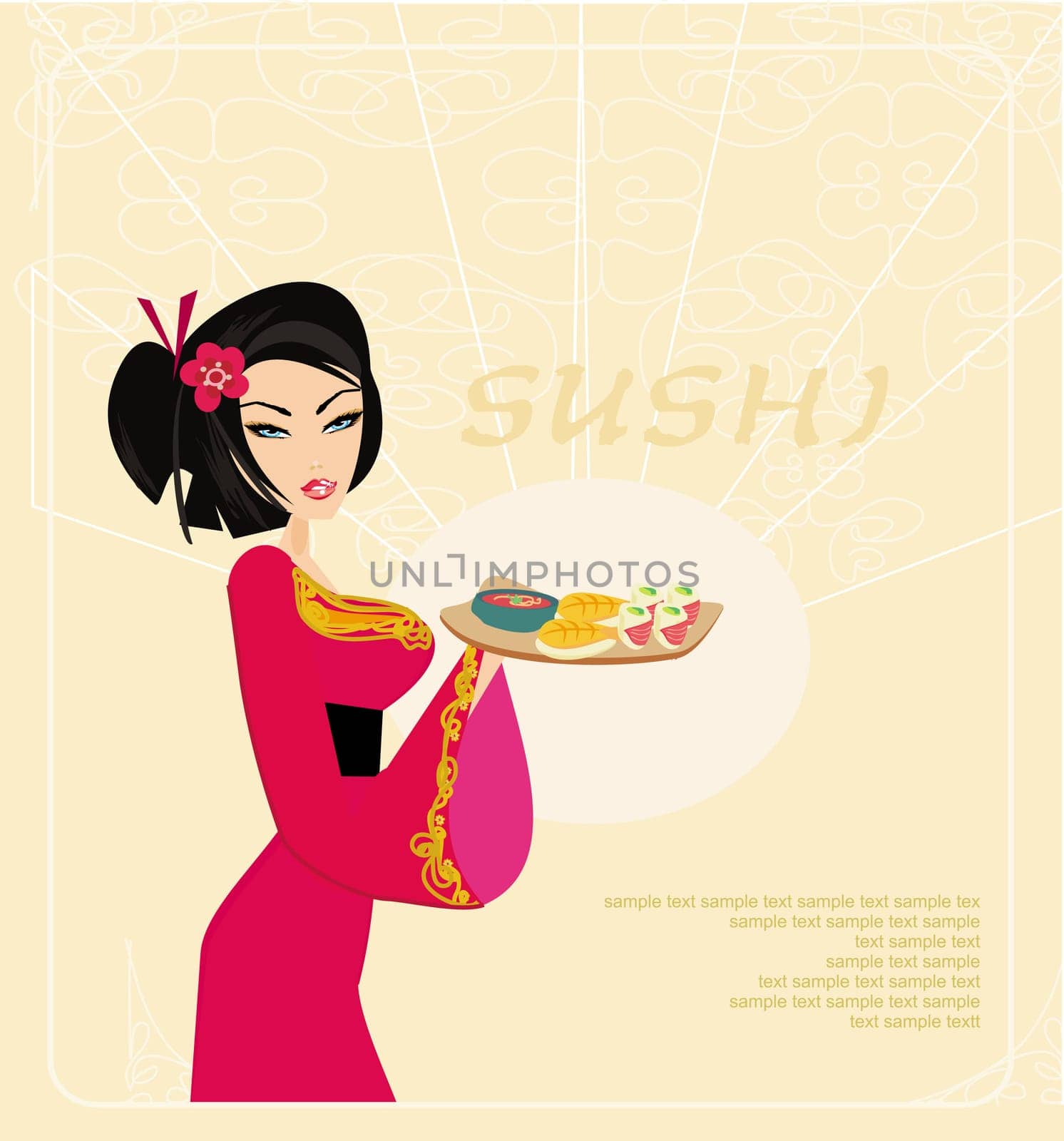 beautiful Asian little girl enjoy sushi - menu template