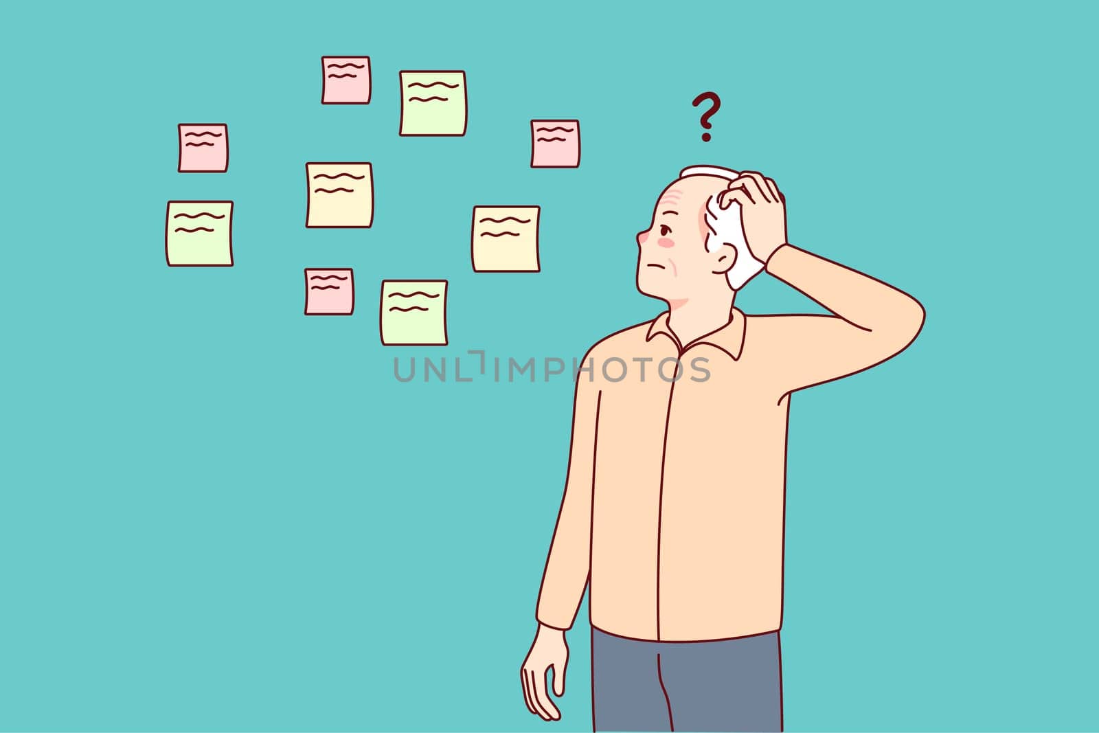 Elderly man making notes suffering from memory loss. Old grandfather use memo stickers struggling with Alzheimer or dementia. Health problems concept. Vector illustration.
