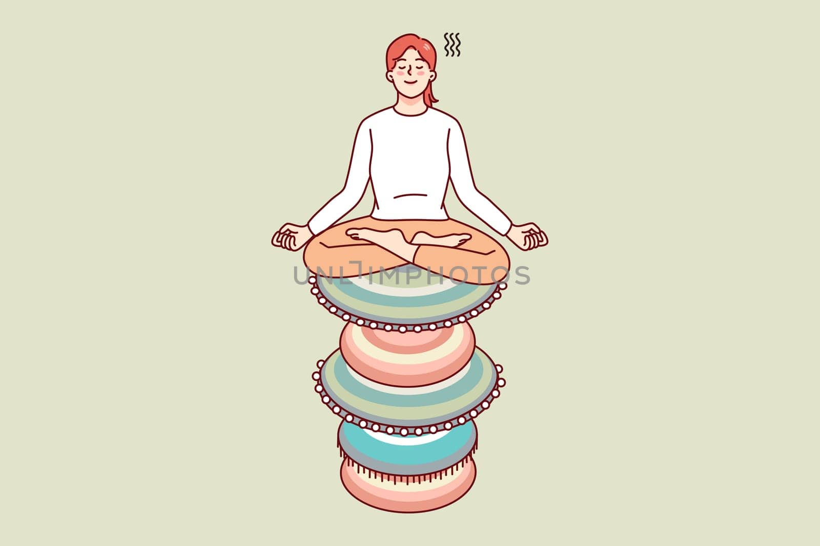 Calm woman sitting on stack of zen rocks meditating. Peaceful female practice yoga involved in meditation session. Healthcare and peace. Vector illustration.