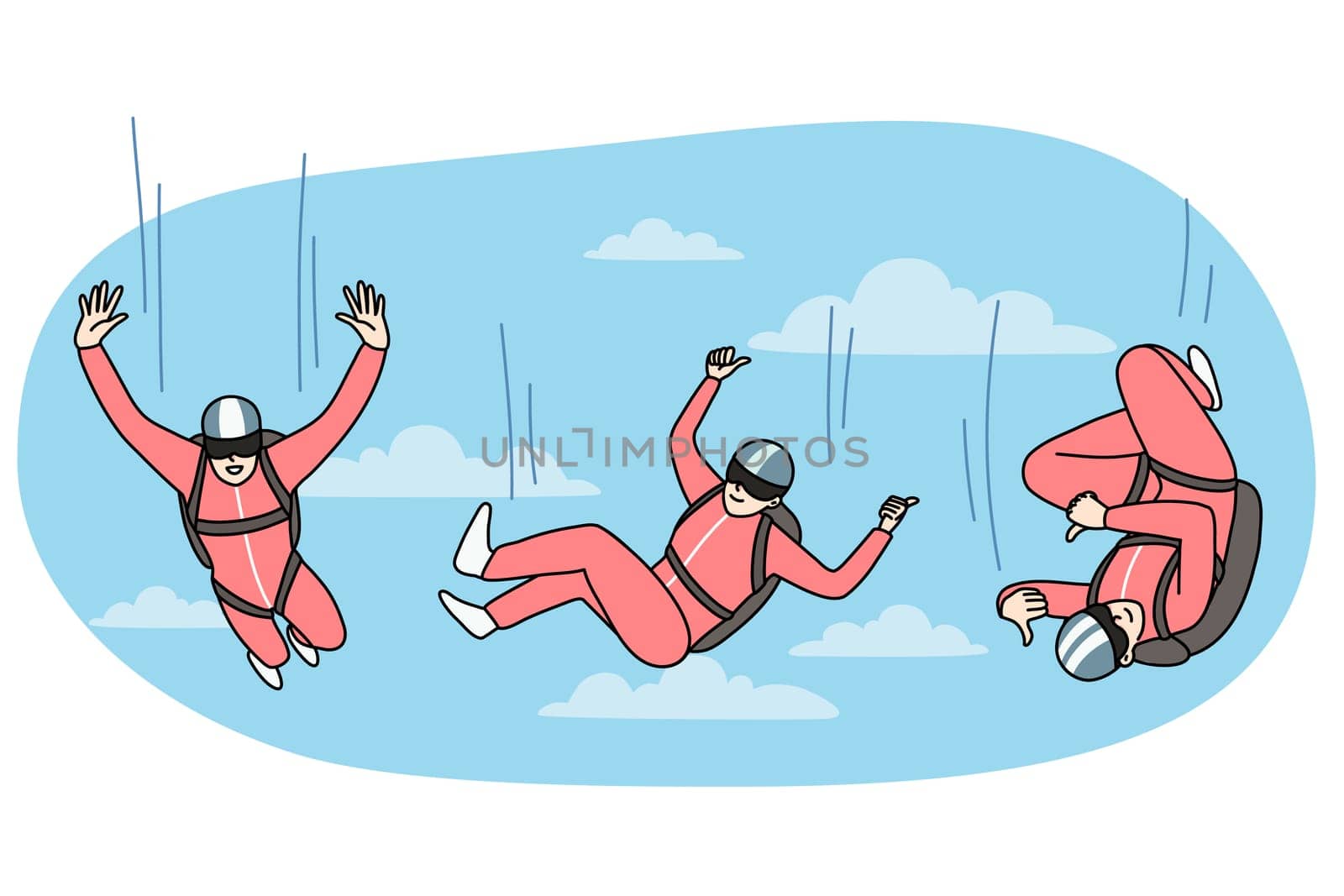 Happy person in protective suit falling down from sky with parachute. Concept of free falling. Extreme sport. Flat vector illustration.