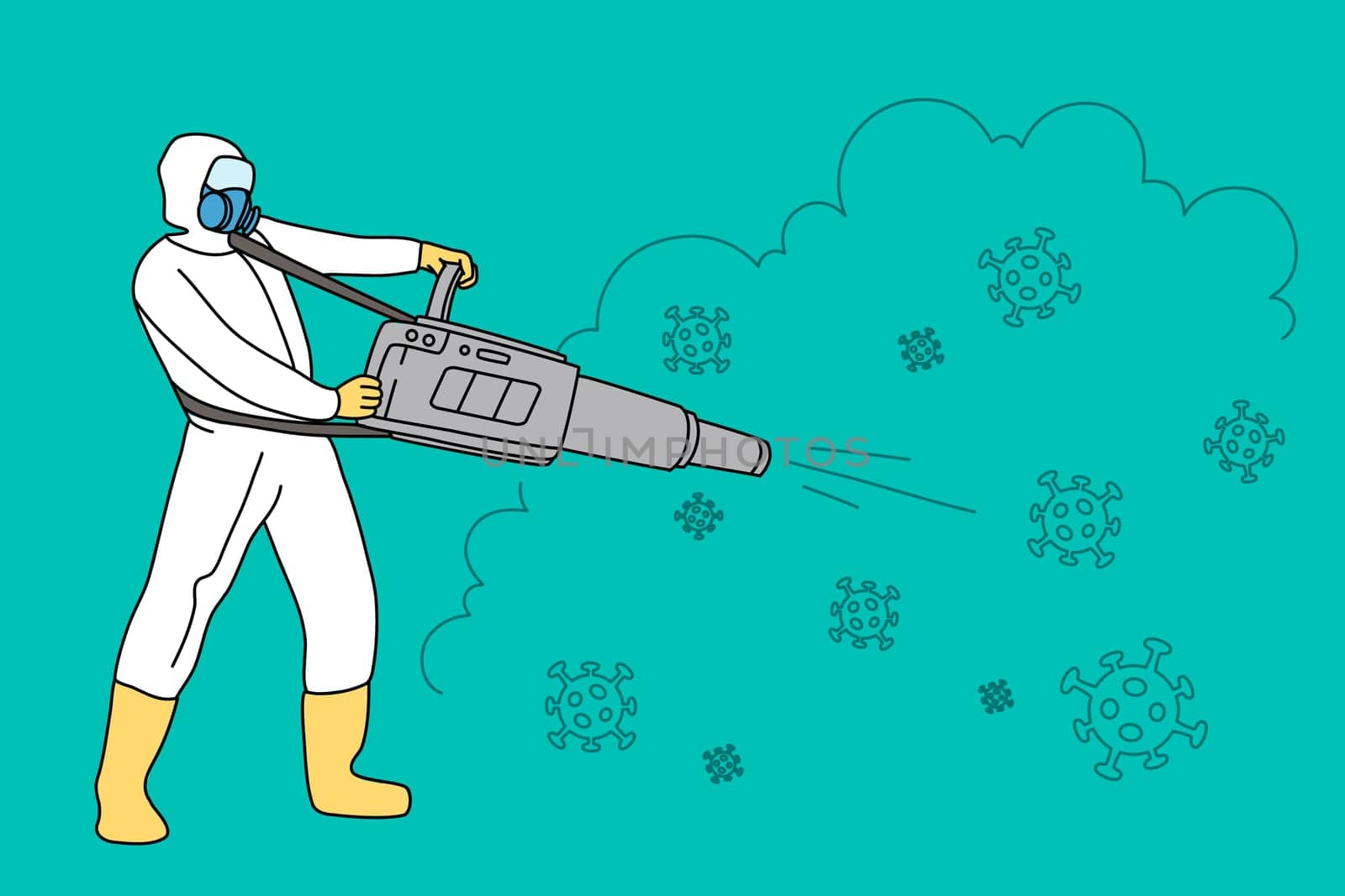 Man worker in protective suit disinfect surroundings from infection. Male employee in uniform involved in disinfection. Epidemic virus killing. Vector illustration.