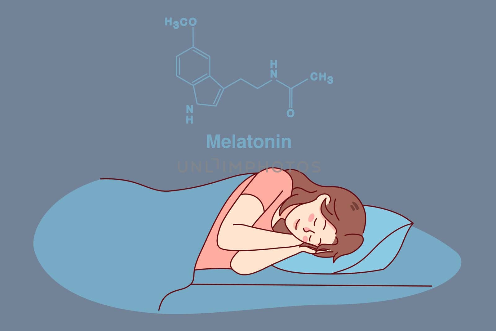 Calm woman sleeping in bed having melatonin hormone produced. Happy girl asleep at home, enjoying peaceful nap or dream. Healthy sleeping and science. Vector illustration.