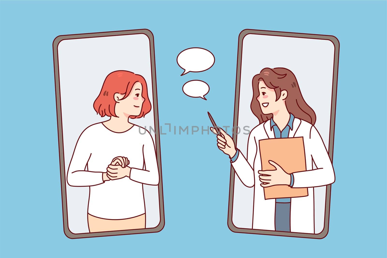 Young woman having online consultation on phone with doctor. Female patient talk with therapist on cellphone video call. Remote healthcare and medicine. Vector illustration.