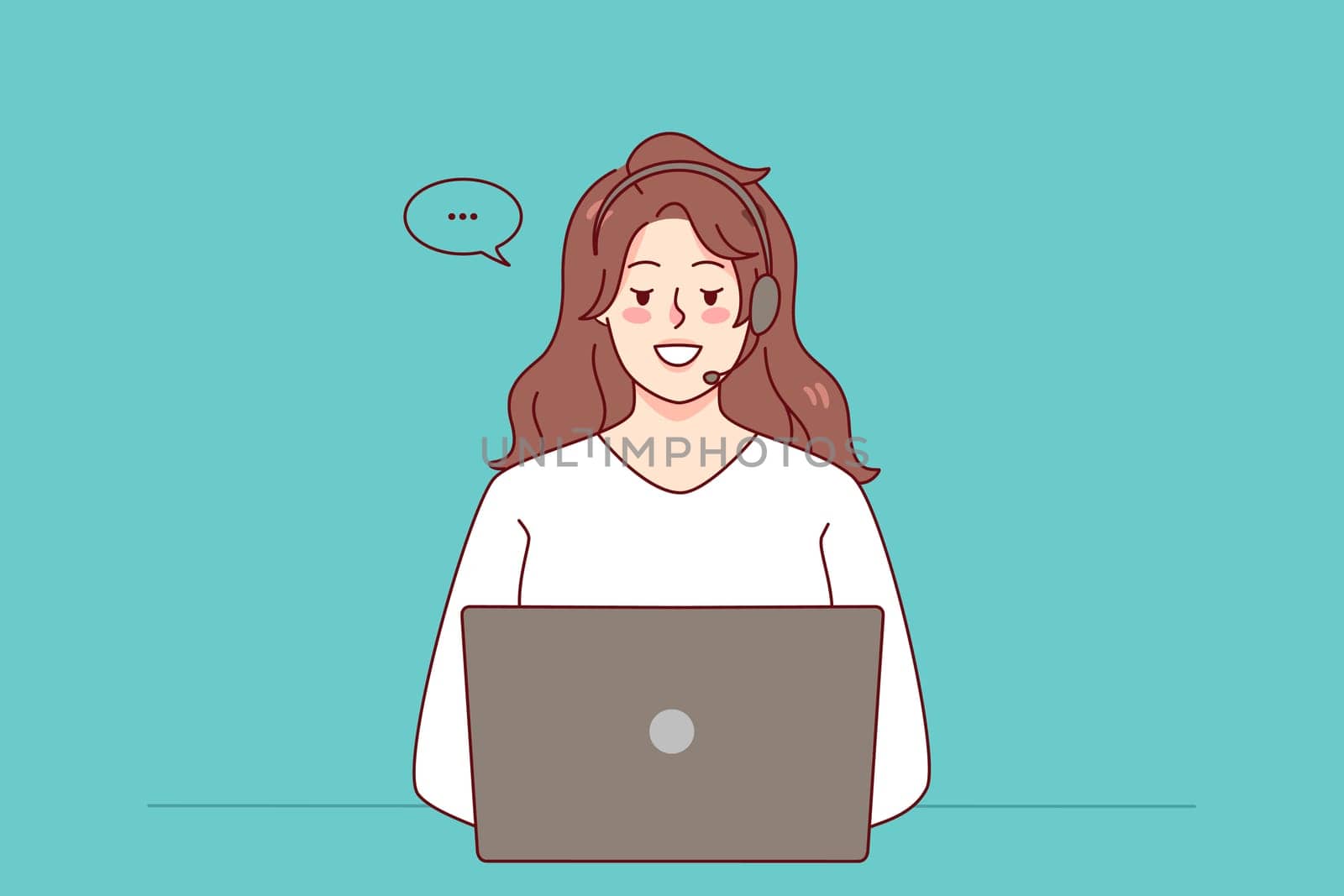 Woman in headphones working on computer in office online. Smiling female call center agent in headset talking with customer using laptop. Helpline. Vector illustration.