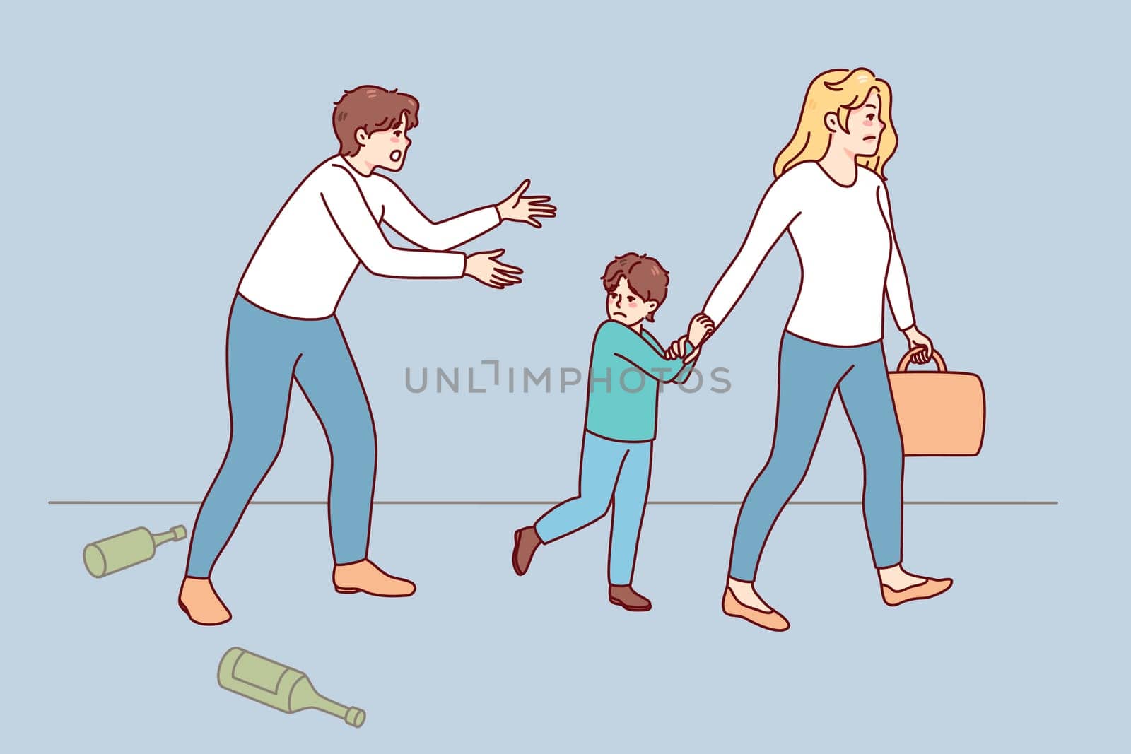 Woman take child leave alcoholic husband. Wife with small kid go away from addicted father. Alcohol addiction and family divorce. Vector illustration.
