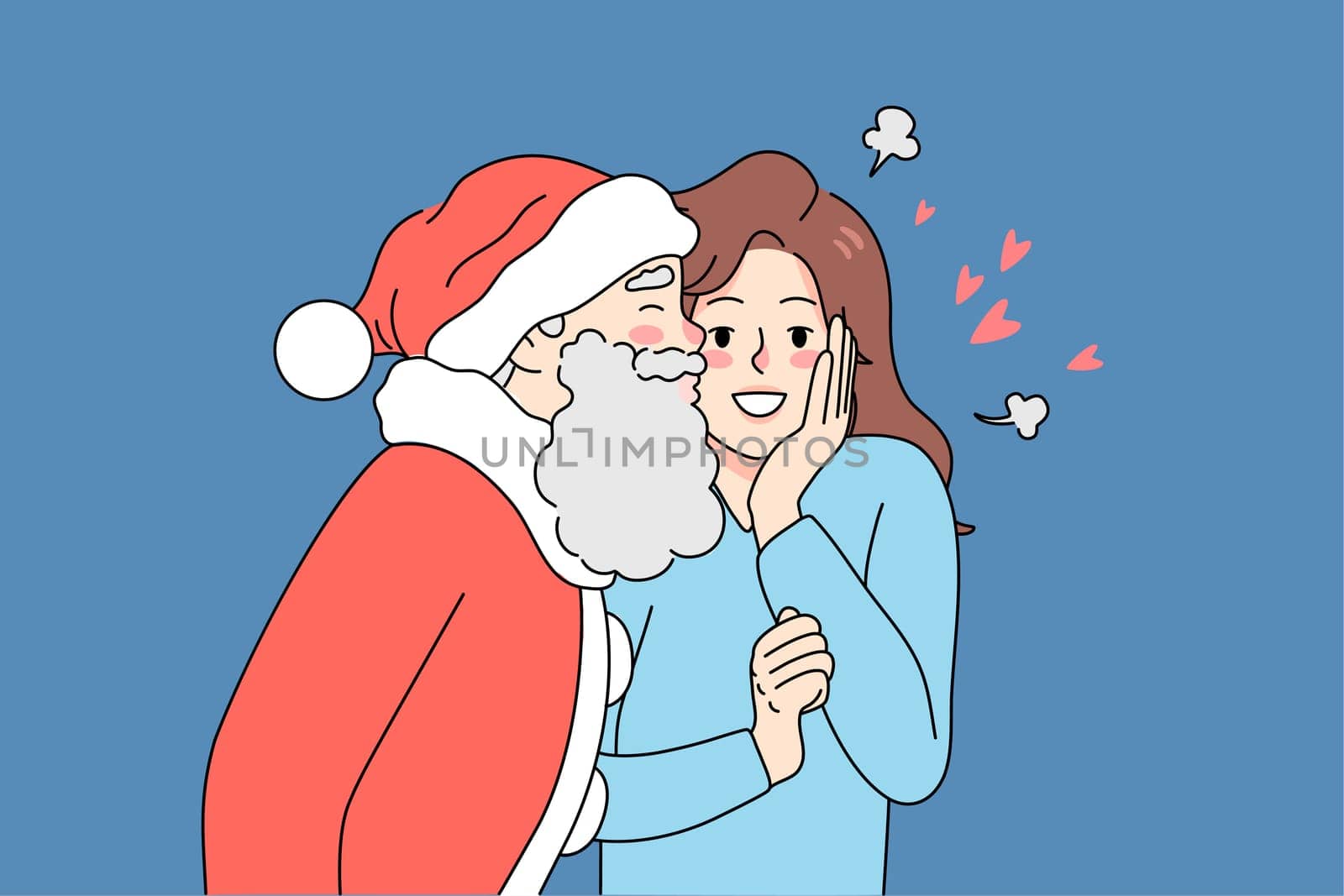 Santa Claus in red costume kissing excited young woman in cheek. New Year and Christmas celebration. Winter holidays. Flat vector illustration.