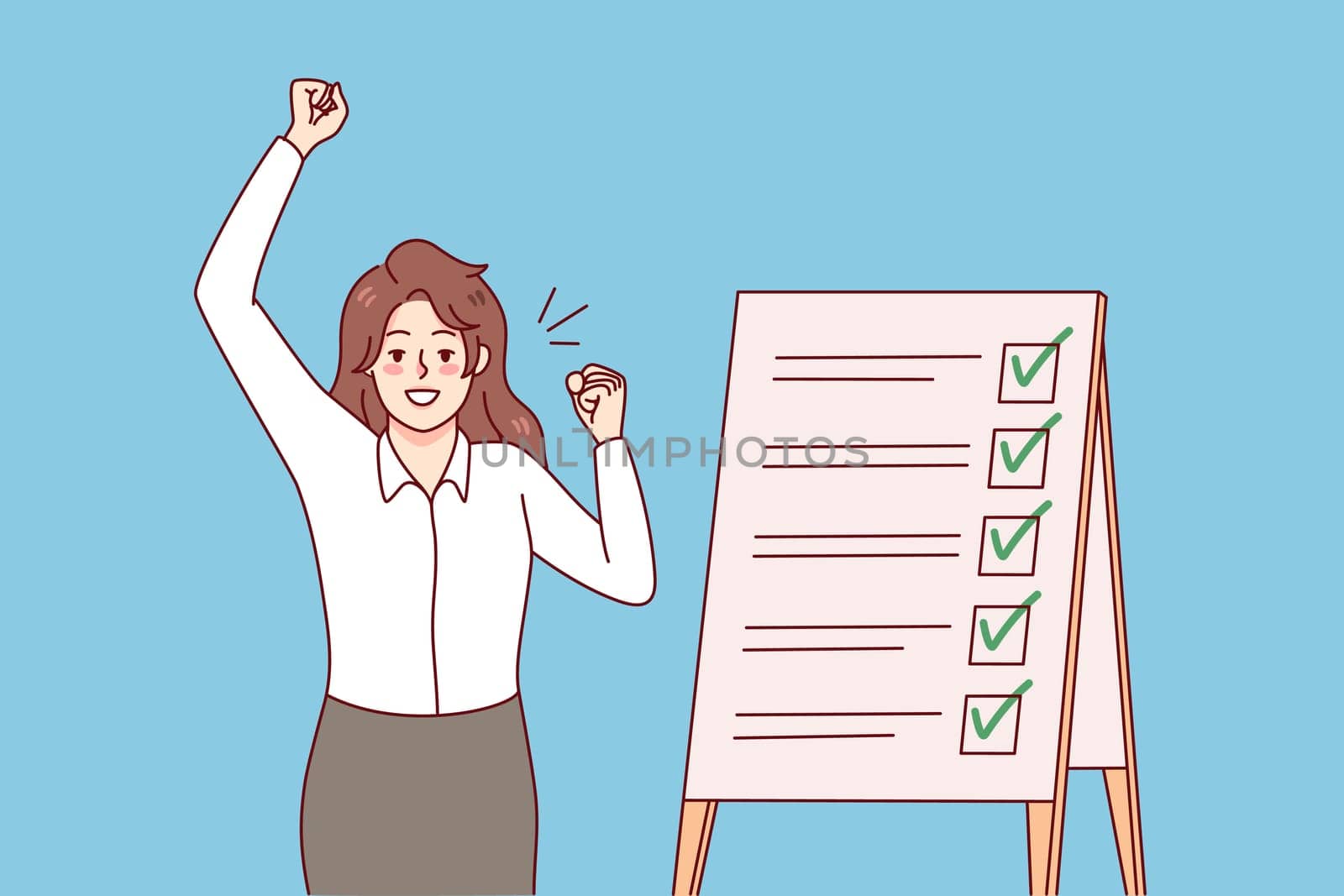 Happy businesswoman triumph with business tasks succeed. Smiling woman employee complete to do list. Schedule and time management and organization. Planner. Vector illustration.