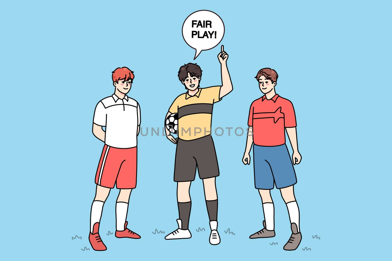 Referee with football players announce fair play on field. Sports activity concept. Men playing football outdoors. Flat vector illustration.