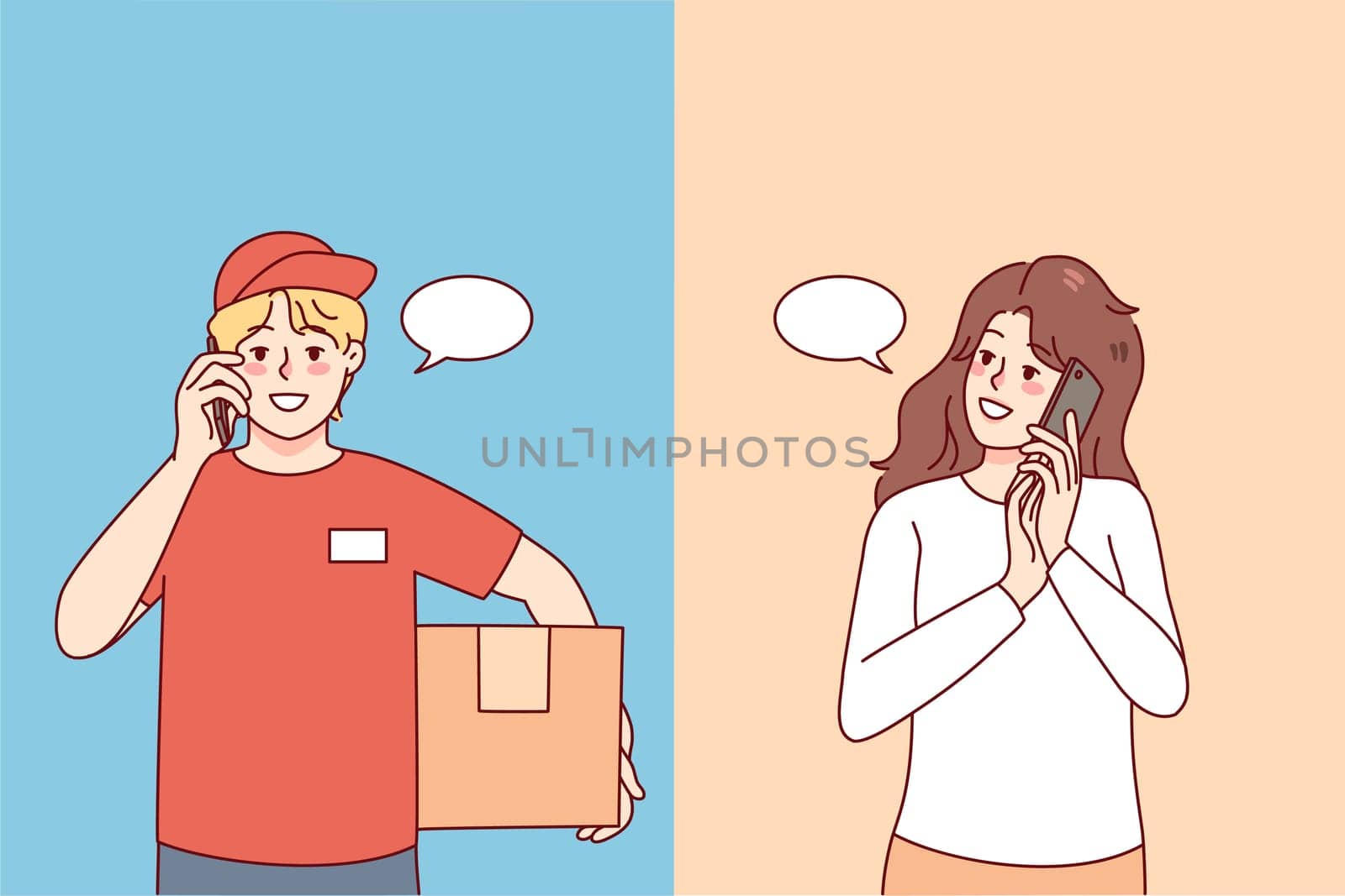 Female client talking on phone with deliveryman. Woman speaking on cellular with courier delivering parcel. Delivery service concept. Vector illustration.