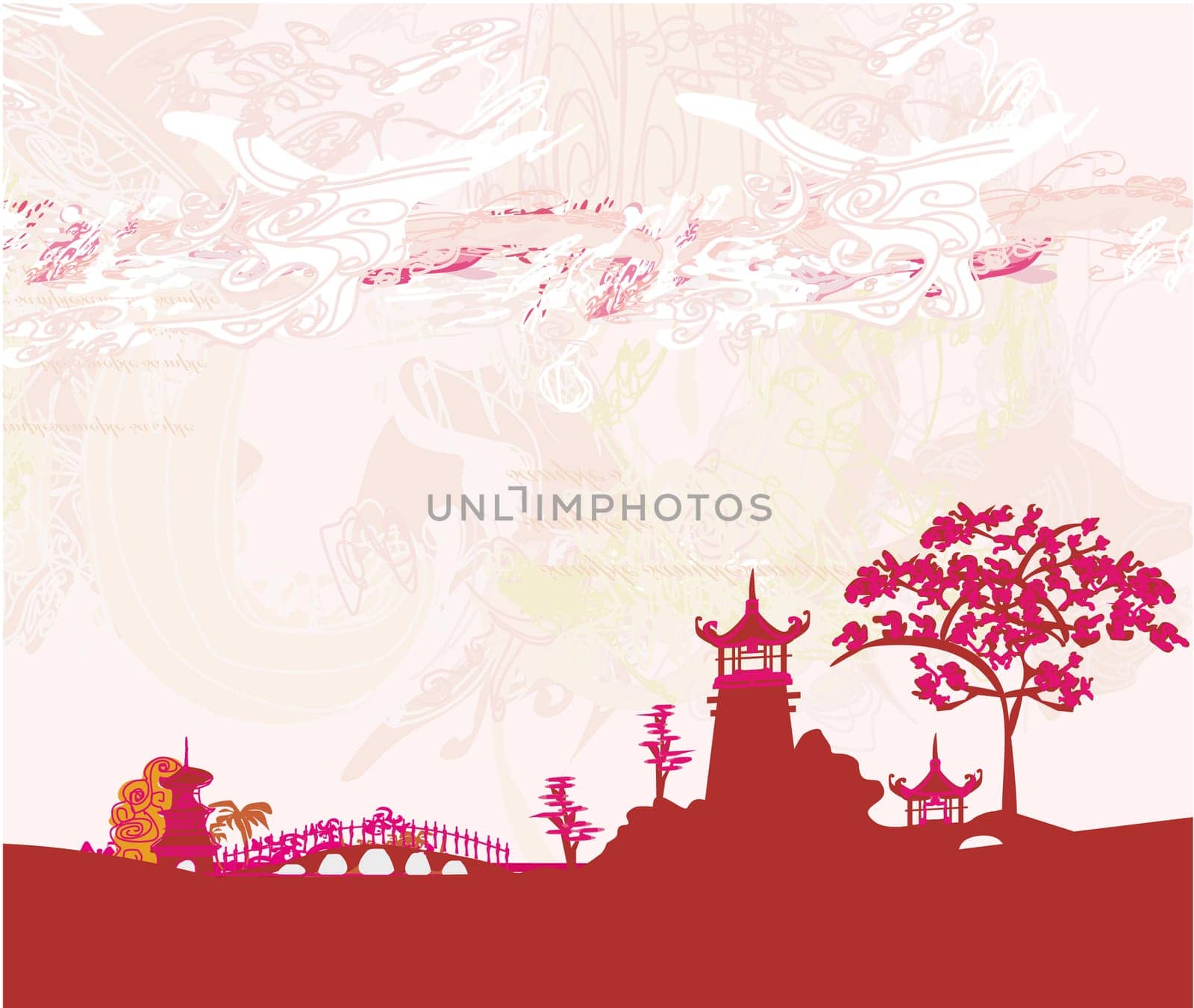 old paper with Japanese temple on abstract Asian Landscape