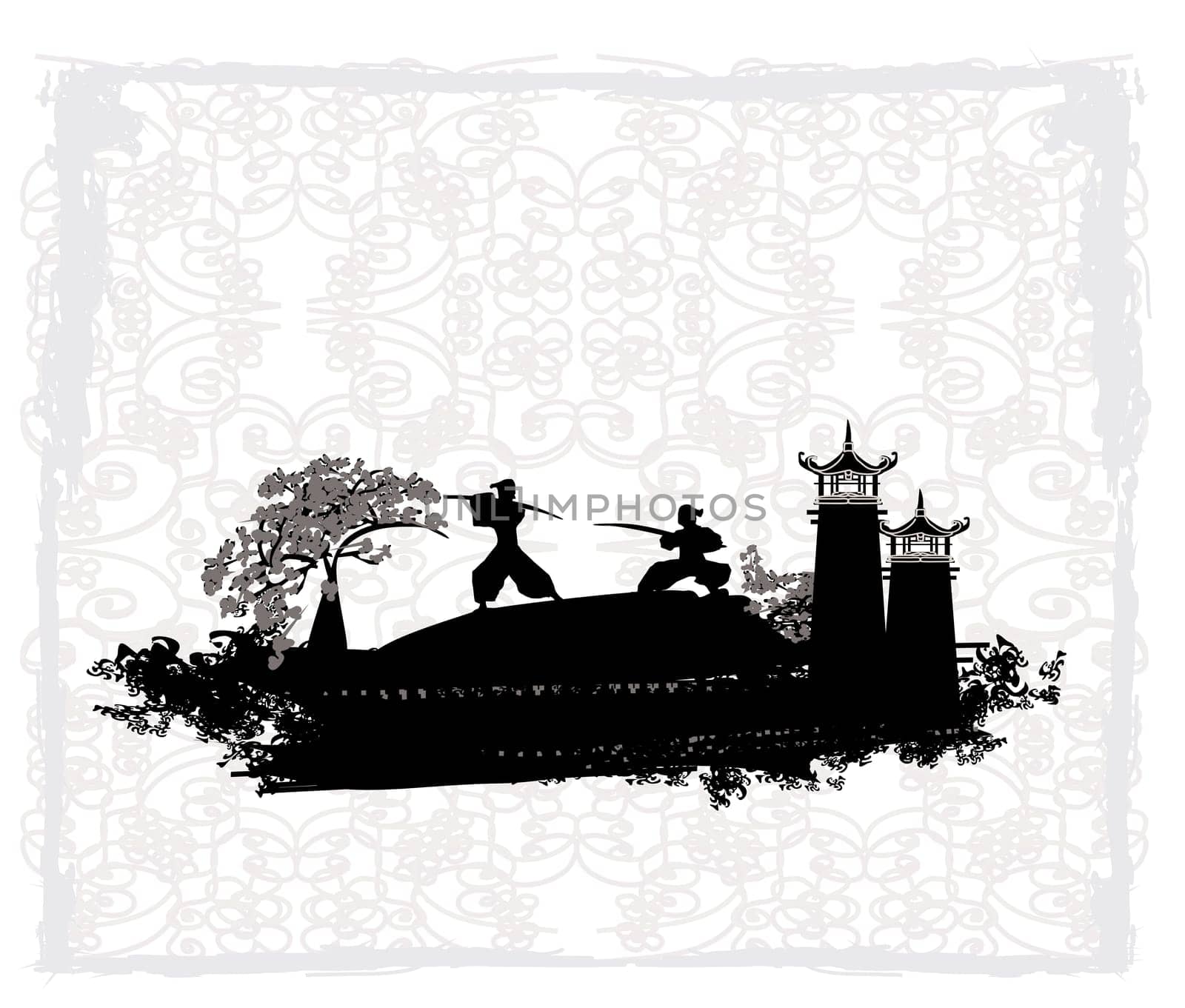 Samurai silhouette in abstract Asian Landscape