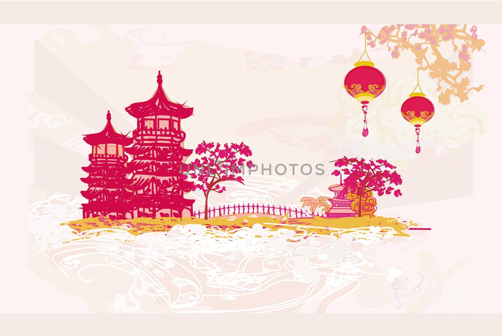 old paper with Asian Landscape and Chinese Lanterns - vintage japanese style background