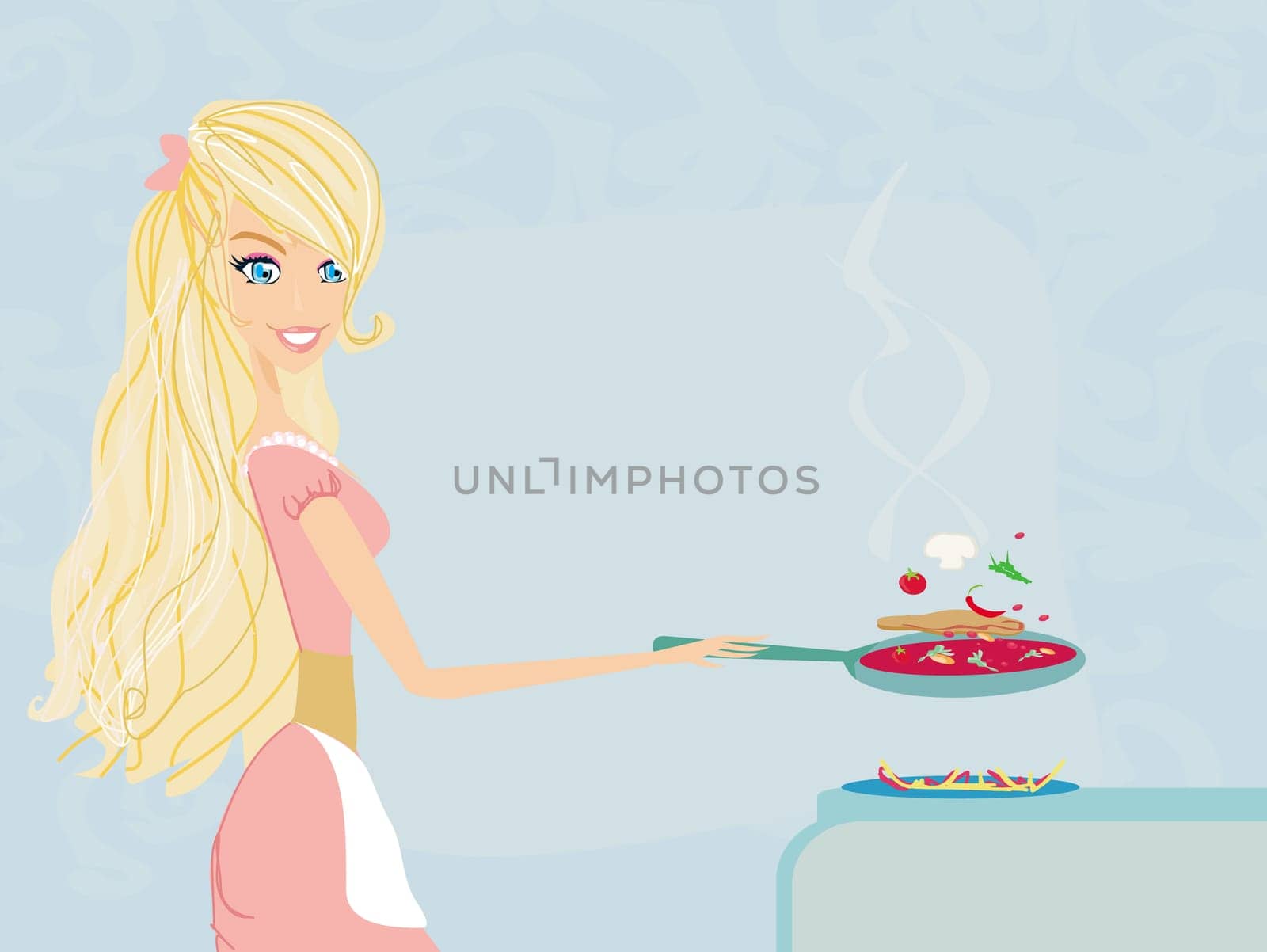 Beautiful young lady cooking lunch in the kitchen