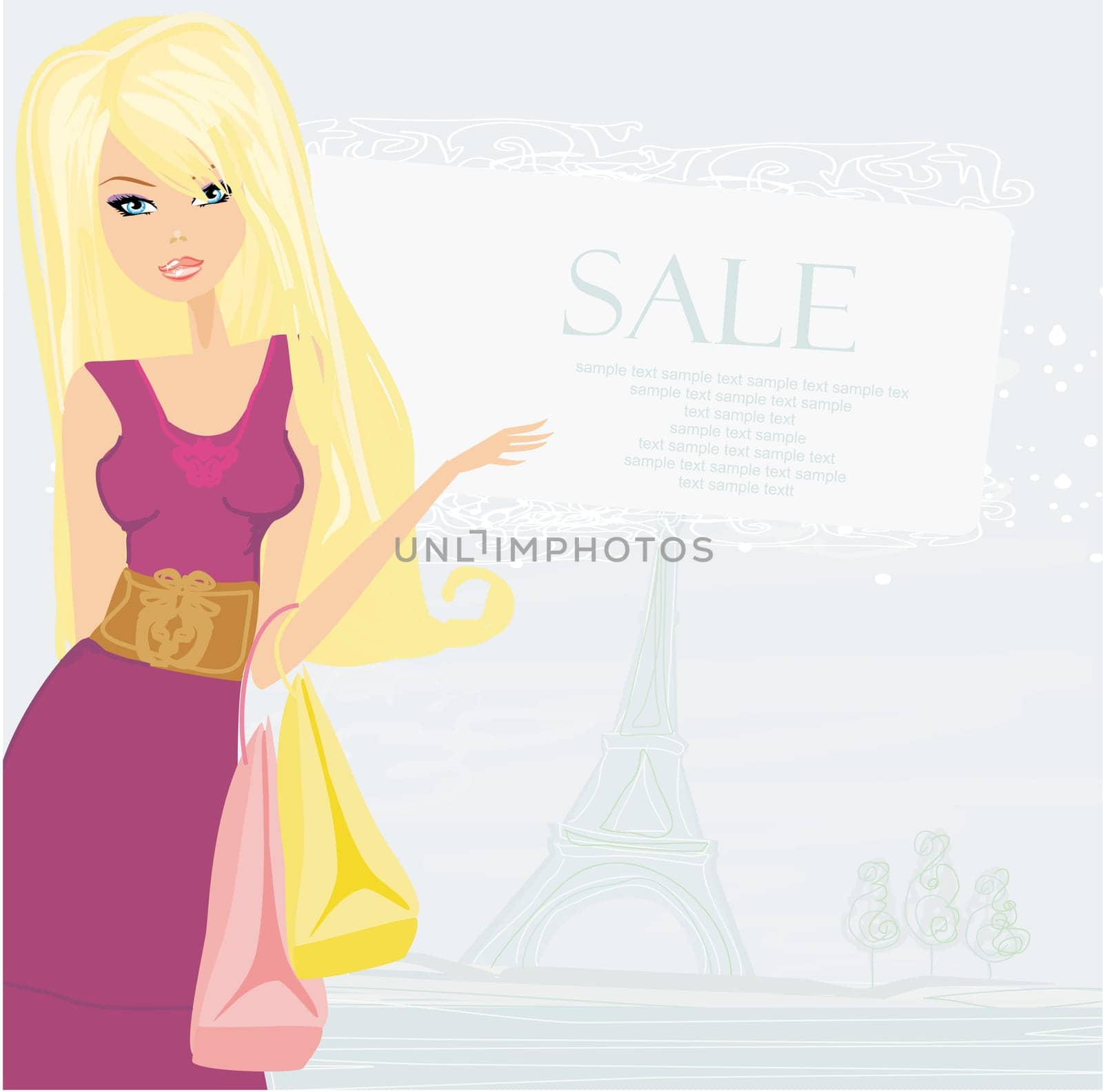 beautiful women Shopping in Paris - vector card