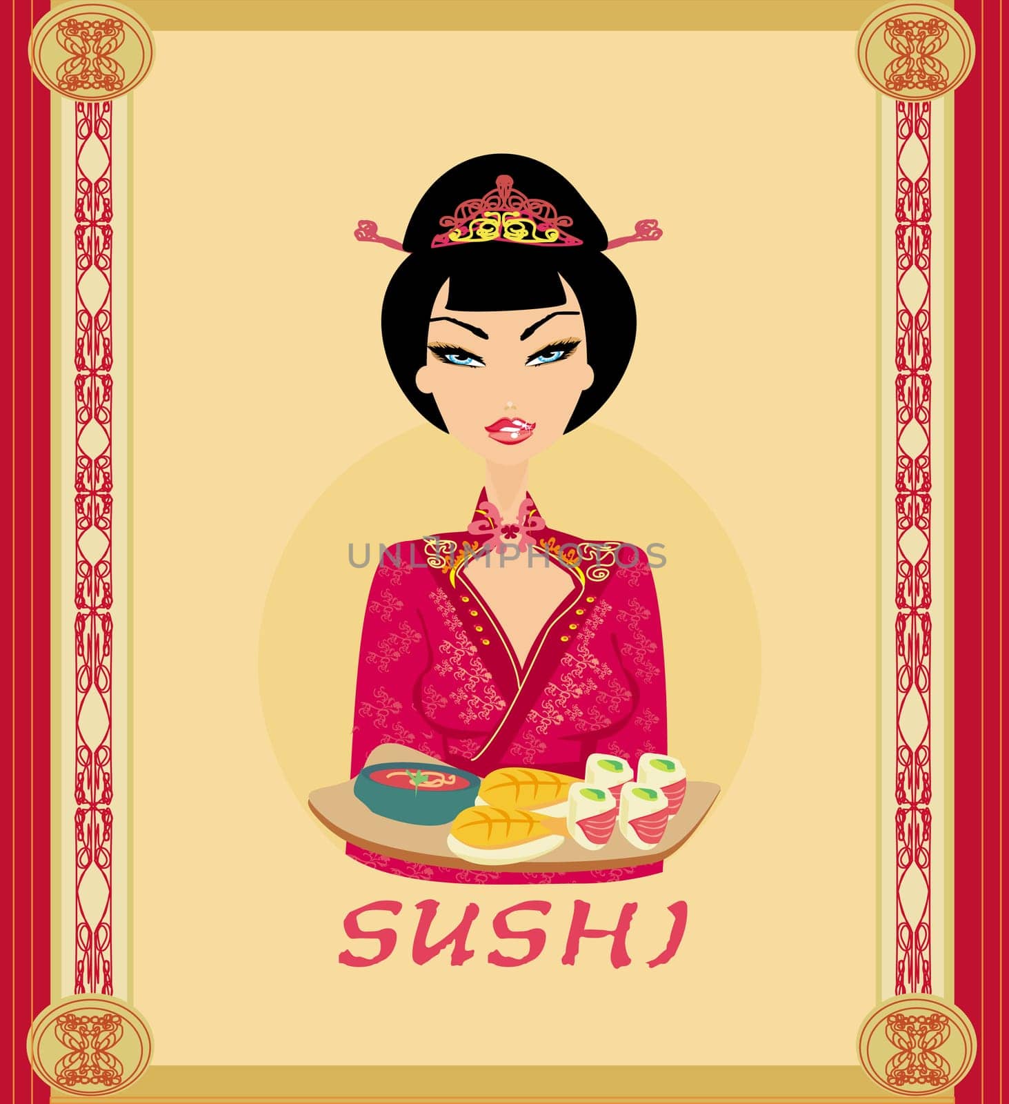 beautiful Asian girl enjoy sushi - menu template