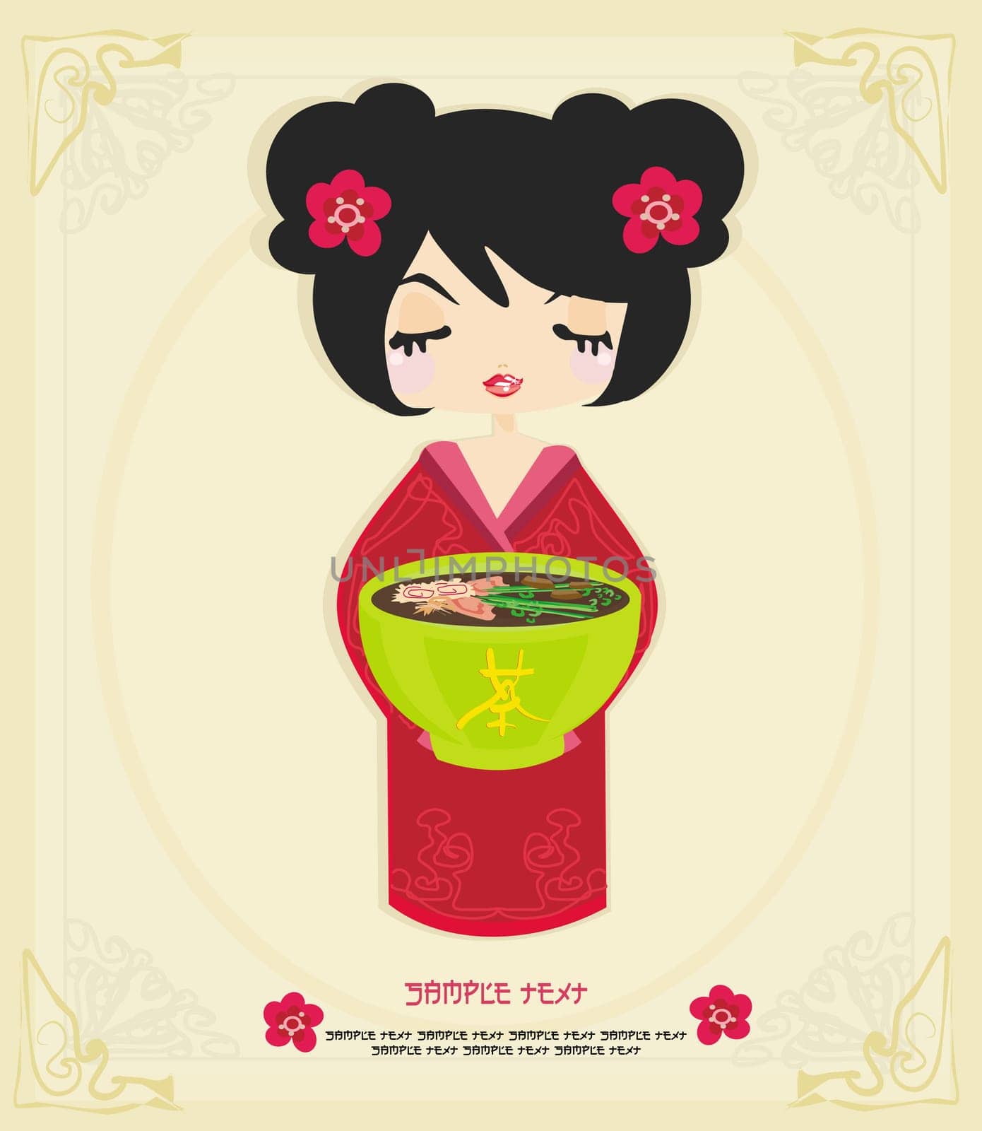 beautiful Asian little girl enjoy Japanese food - menu template
