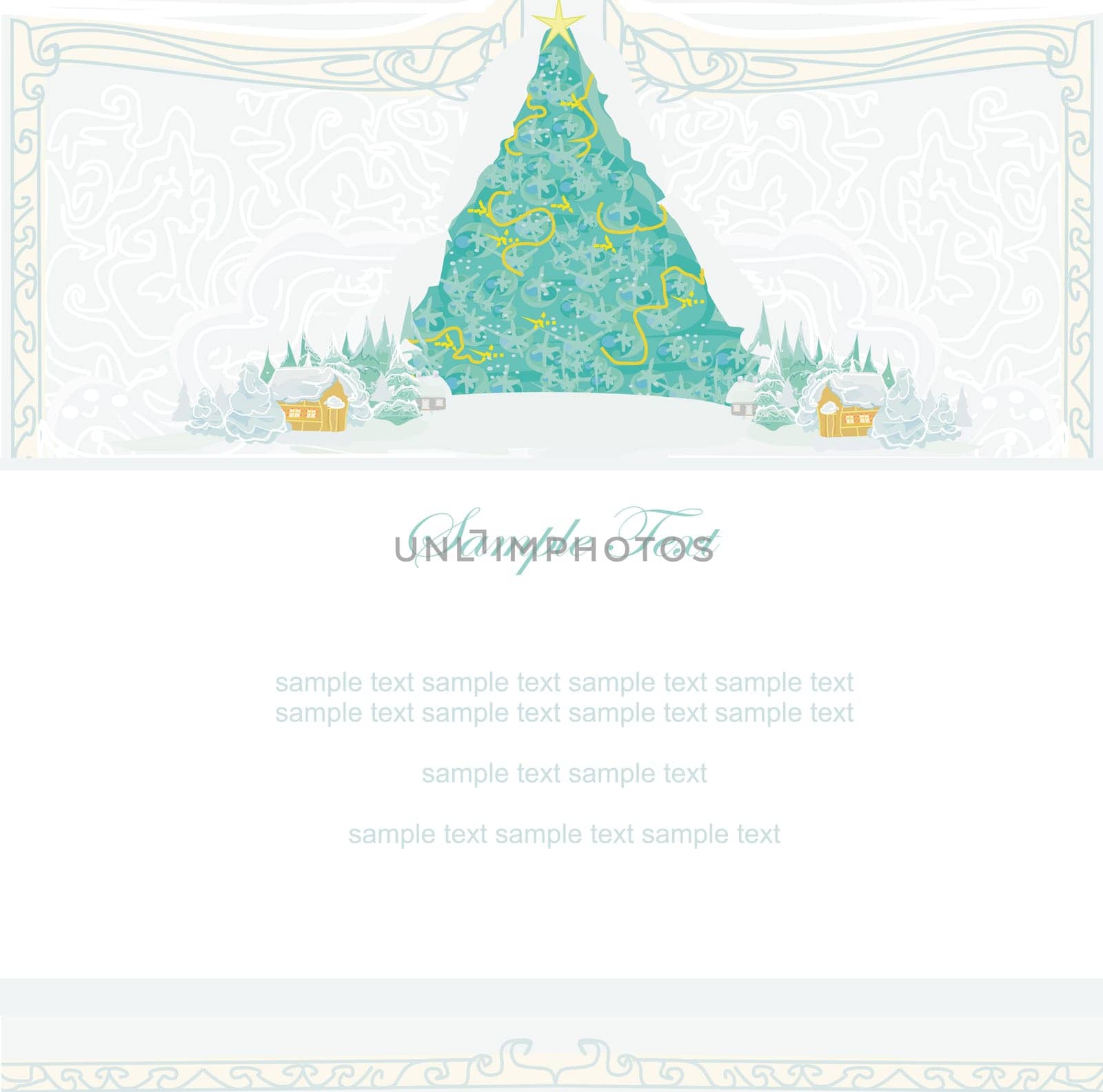 Abstract christmas tree in winter village landscape card