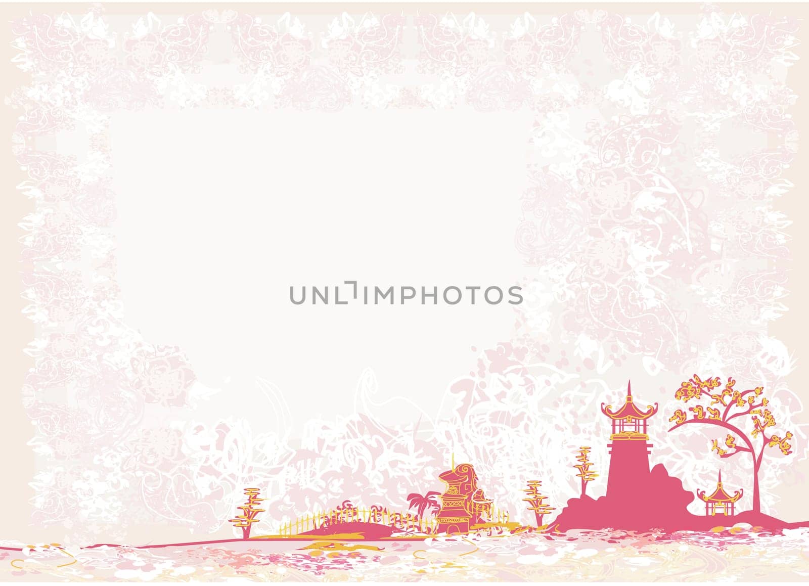 old paper with Japanese temple on abstract Asian Landscape