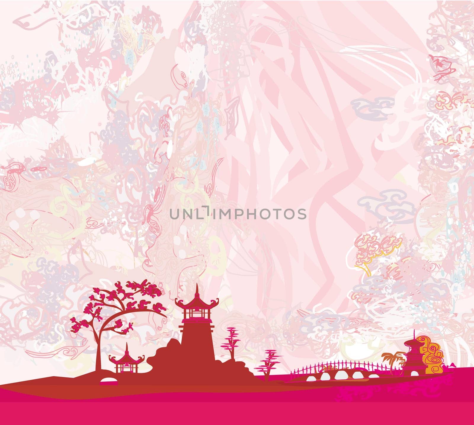 old paper with Japanese temple on abstract Asian Landscape
